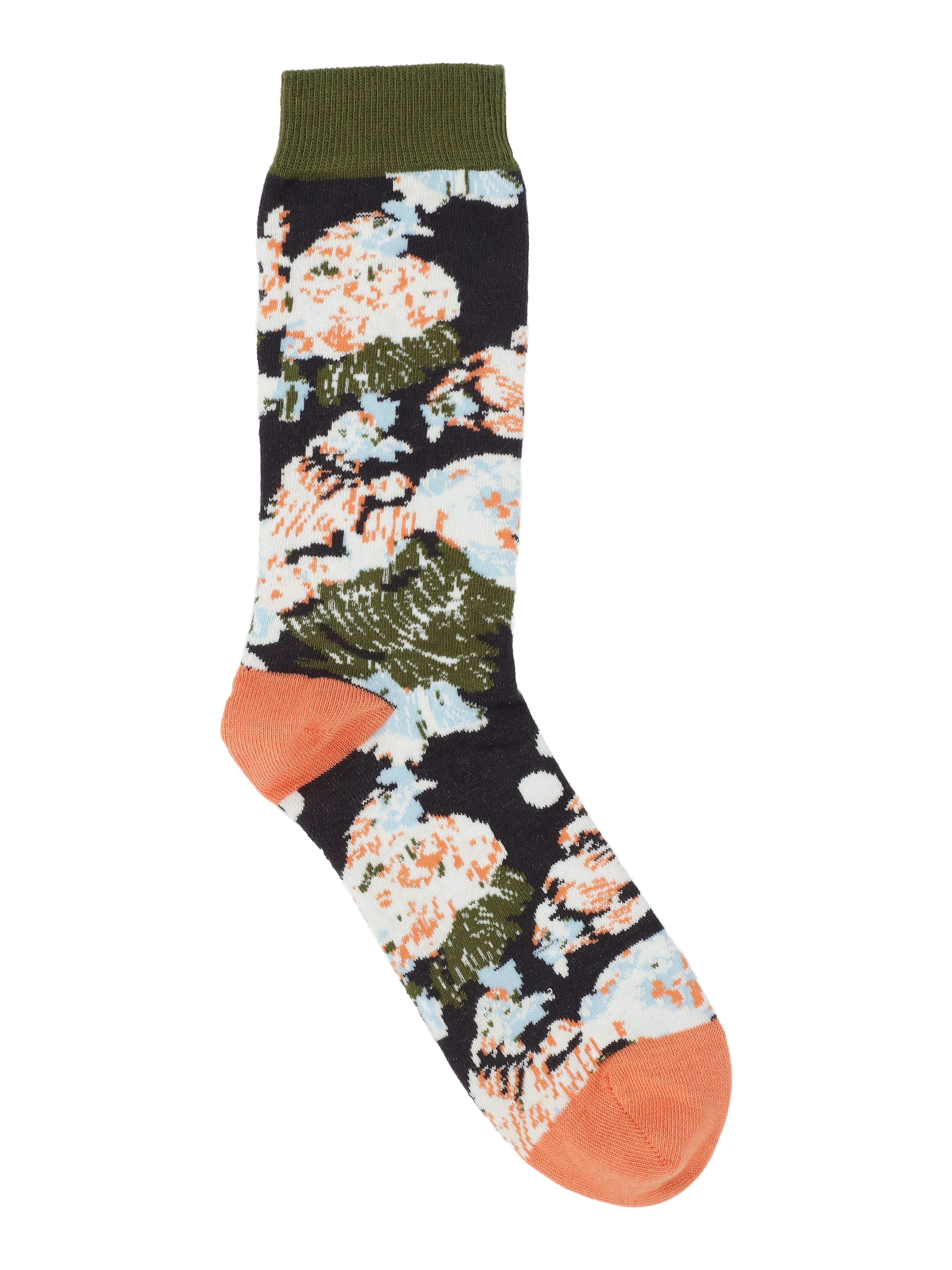 Packshot of the Chicken Socks in Dill Chickens from Henrik Vibskov Spring/Summer 2026 Studio Collection, showing the navy blue socks with green, orange, light blue, and beige chicken-inspired details.