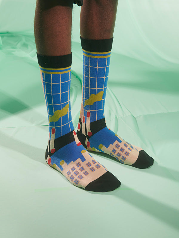 Chopped Finger Factory Socks Homme in Blue Tan Factory from Henrik Vibskov