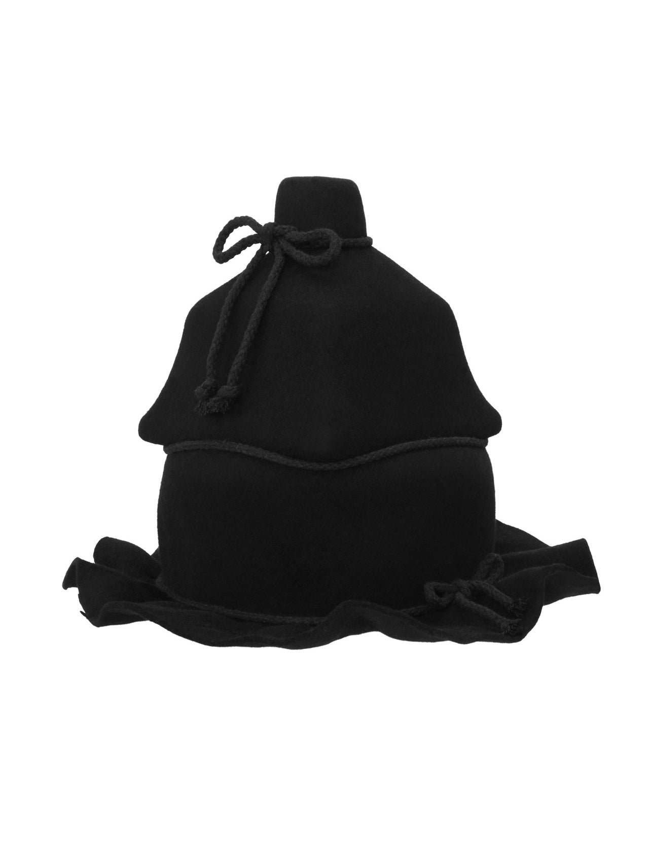 Henrik Vibskov Christo Wrap Hat in black 100% wool with sculptural wrap construction, layered crown and rope tie detail