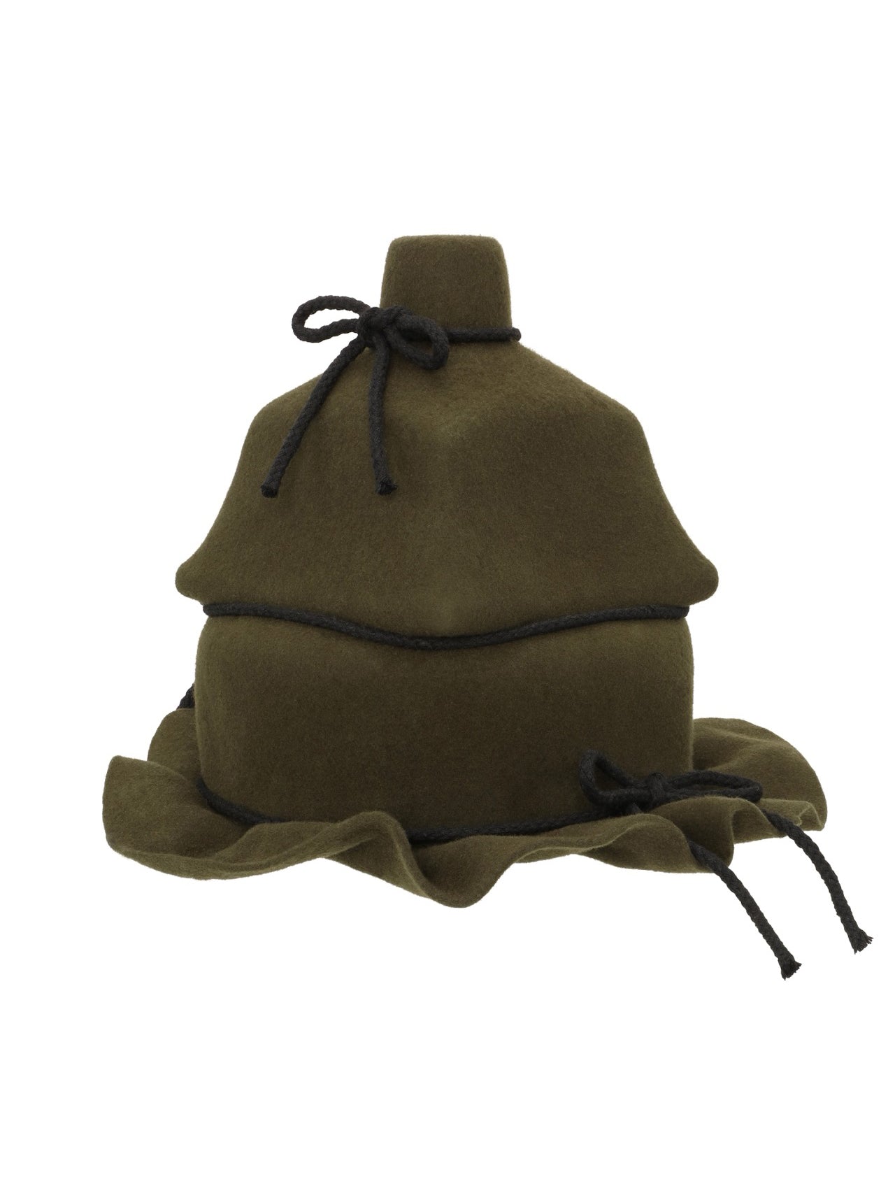 Henrik Vibskov Christo Wrap Hat in moss green 100% wool with sculptural wrap construction, layered crown and contrast rope tie detail