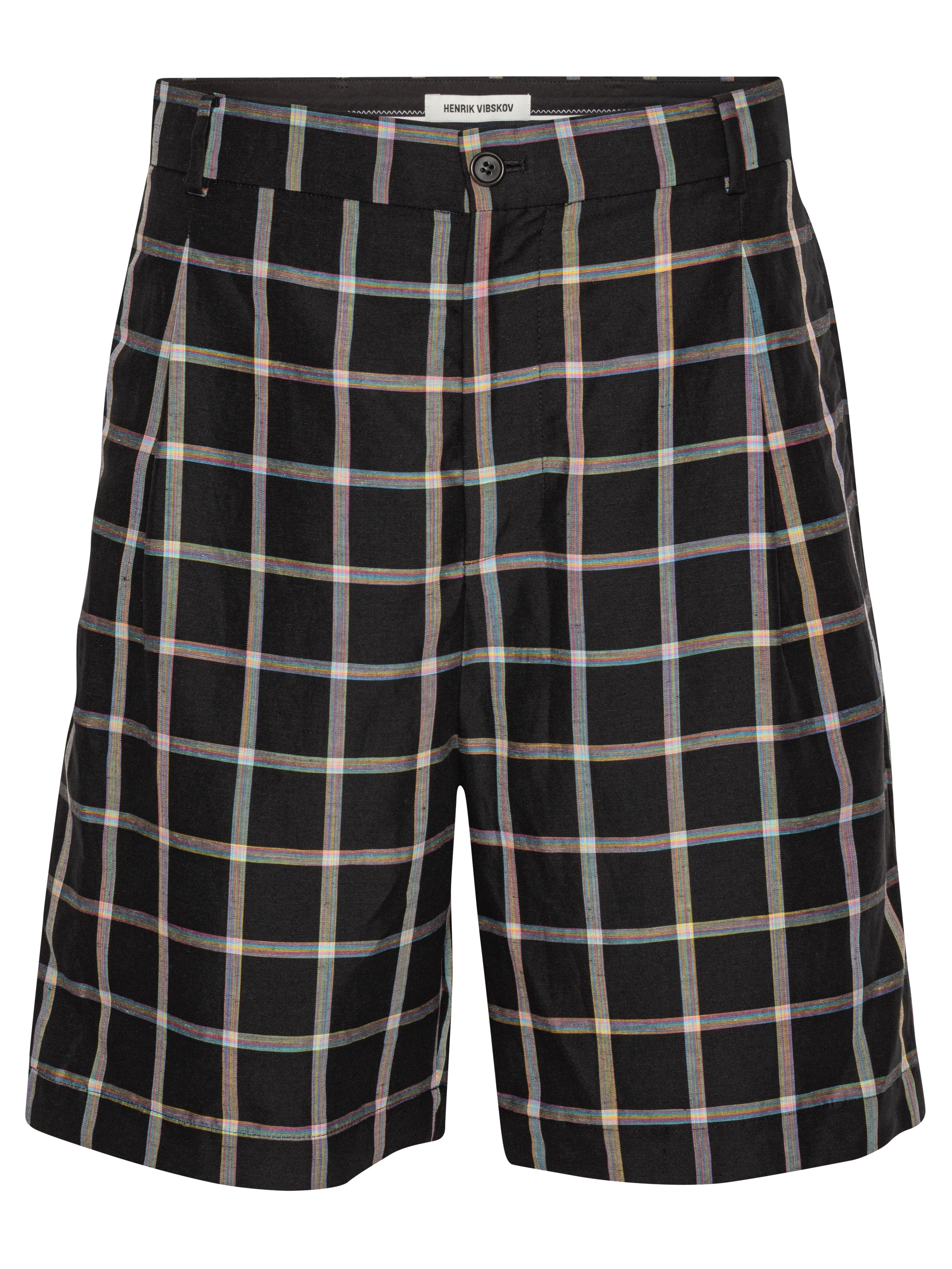 Front full-body packshot of the Claus Shorts in Black Checks from Henrik Vibskov Spring/Summer 2026 Studio Collection, showing the black multicoloured check pattern, front button closure, and unisex fit.