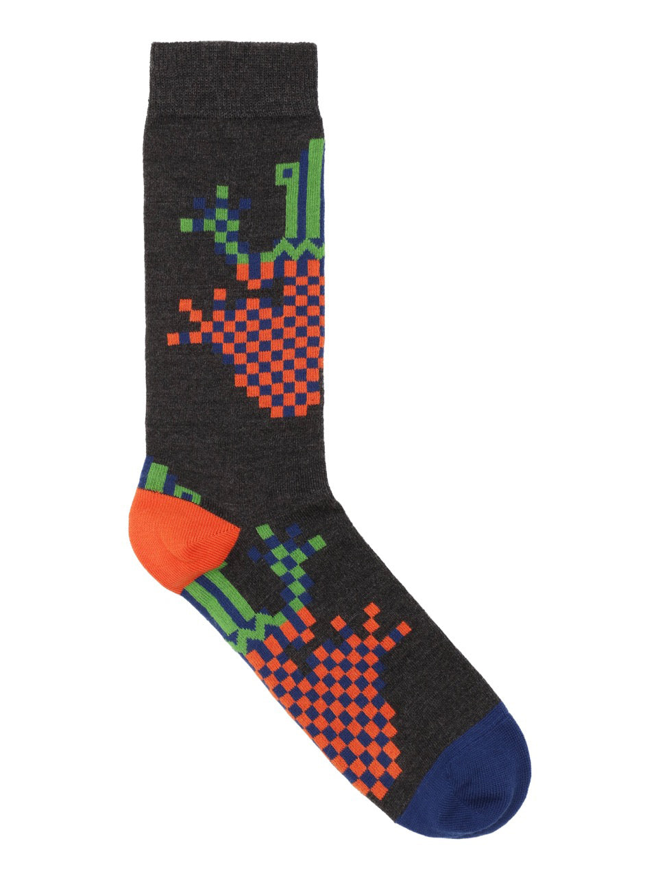 Henrik Vibskov Cross Stitch Sock in pixelated black frog with charcoal grey base, multicolour frog motif, blue toe and orange heel