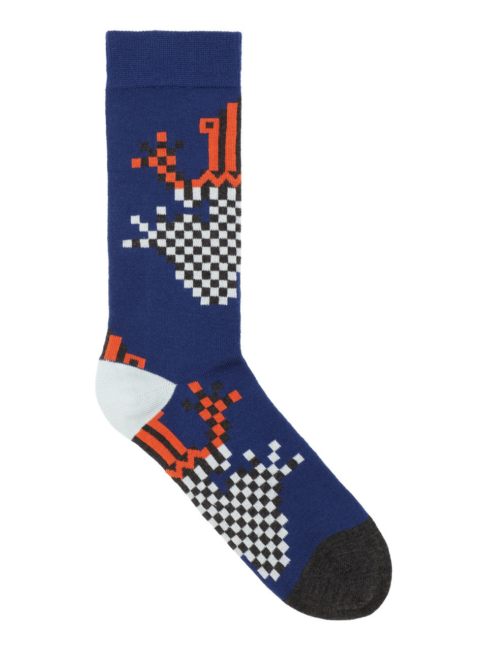 Henrik Vibskov Cross Stitch Sock in pixelated blue frog with blue base, checkerboard frog motif and contrast heel and toe