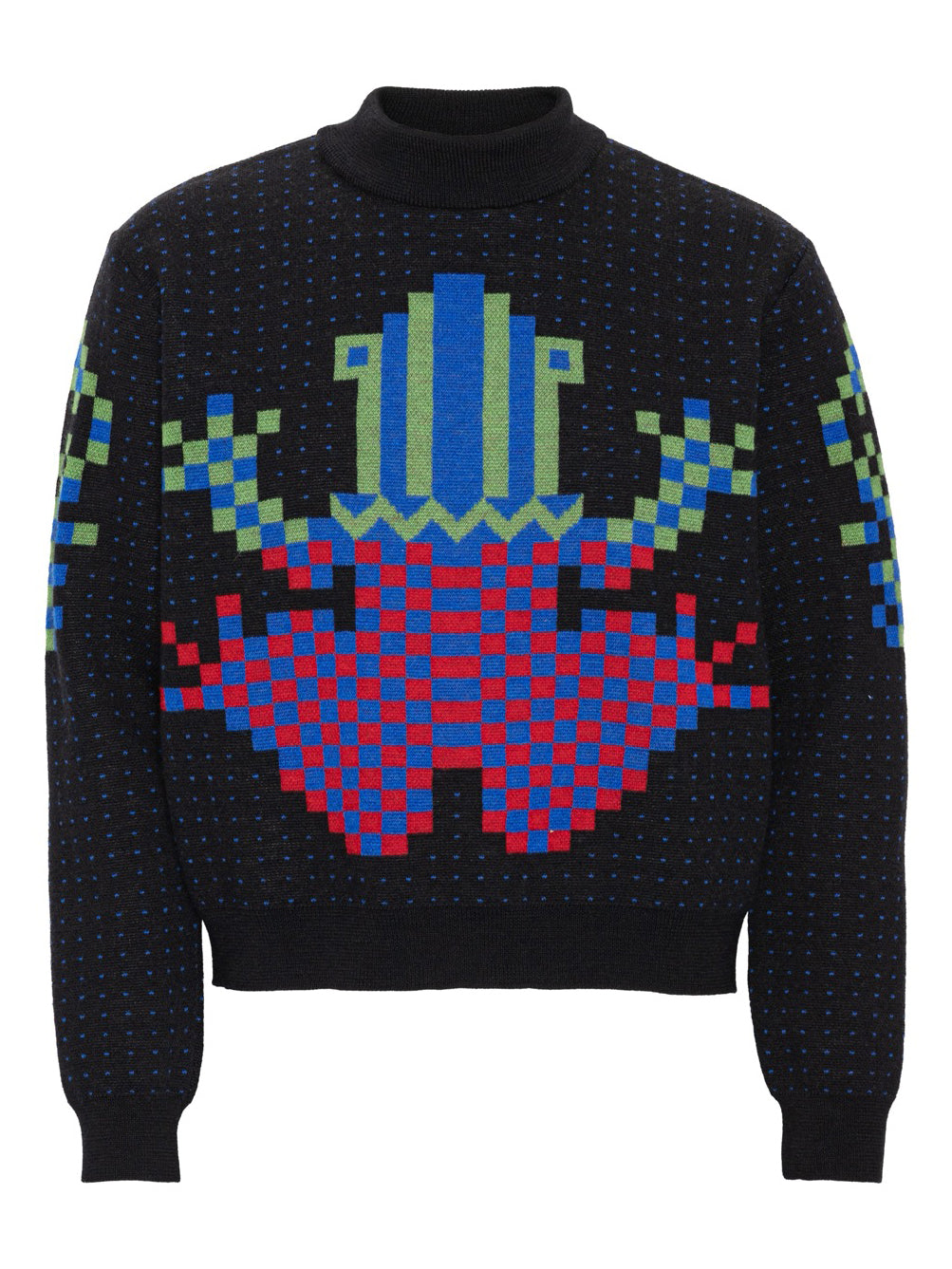 Henrik Vibskov Cross Stitch Sweater in Black Frog, front view, pixelated checkerboard frog motif in blue green and red jacquard knit, allover blue micro dot pattern, funnel neck, ribbed cuffs and hem, 100% wool