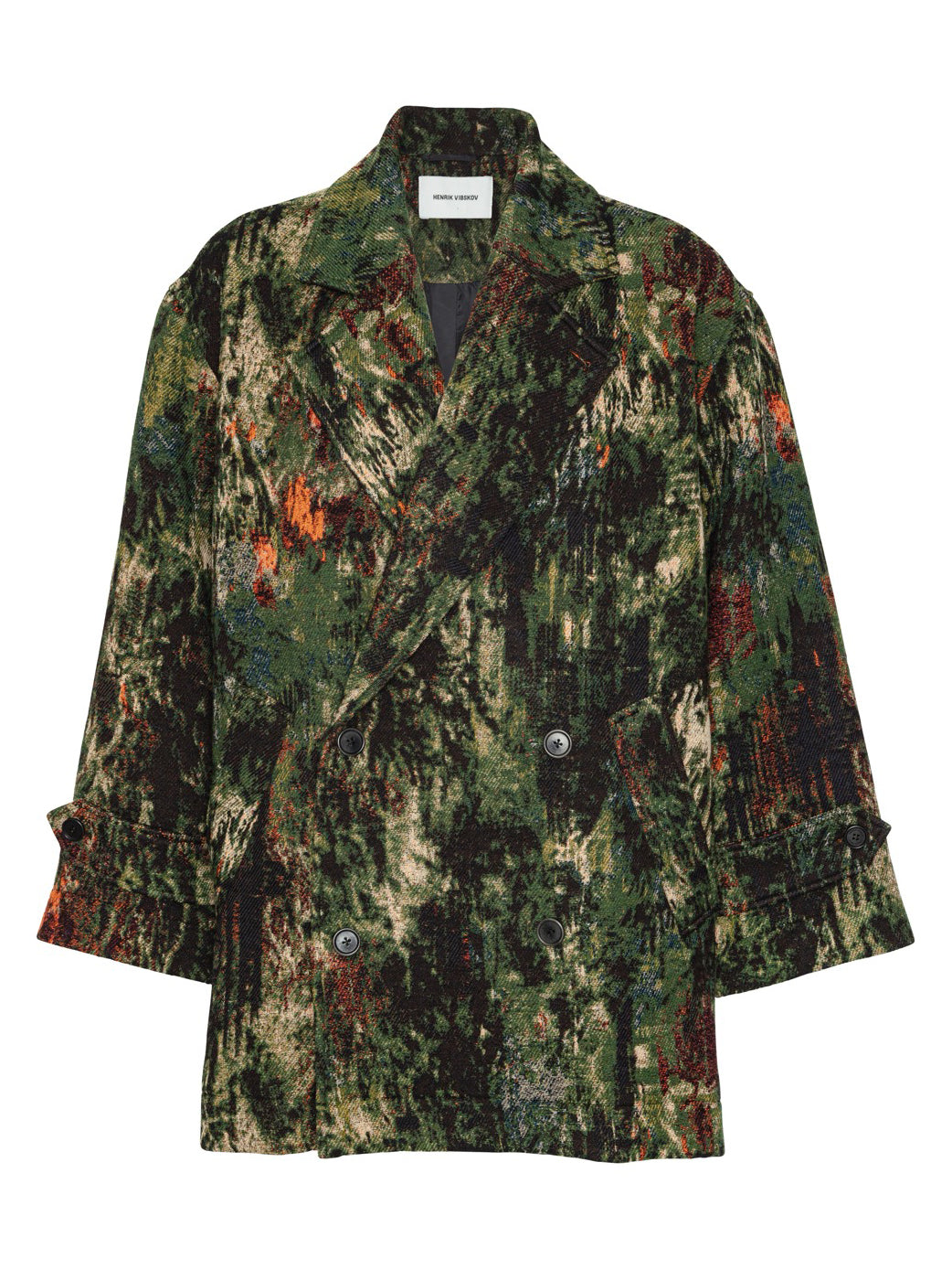 Henrik Vibskov Dimout Coat in Gobelin Swamp, front view, jacquard tapestry print in green rust and cream tones, double-breasted fastening, notched lapel, turn-back cuffs, patch pockets, oversized fit