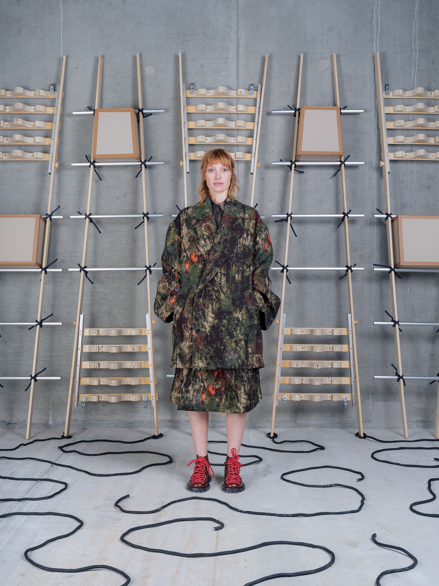 Henrik Vibskov Dimout Coat in Gobelin Swamp on-model side profile view, painterly camouflage jacquard print, patch pockets, oversized silhouette
