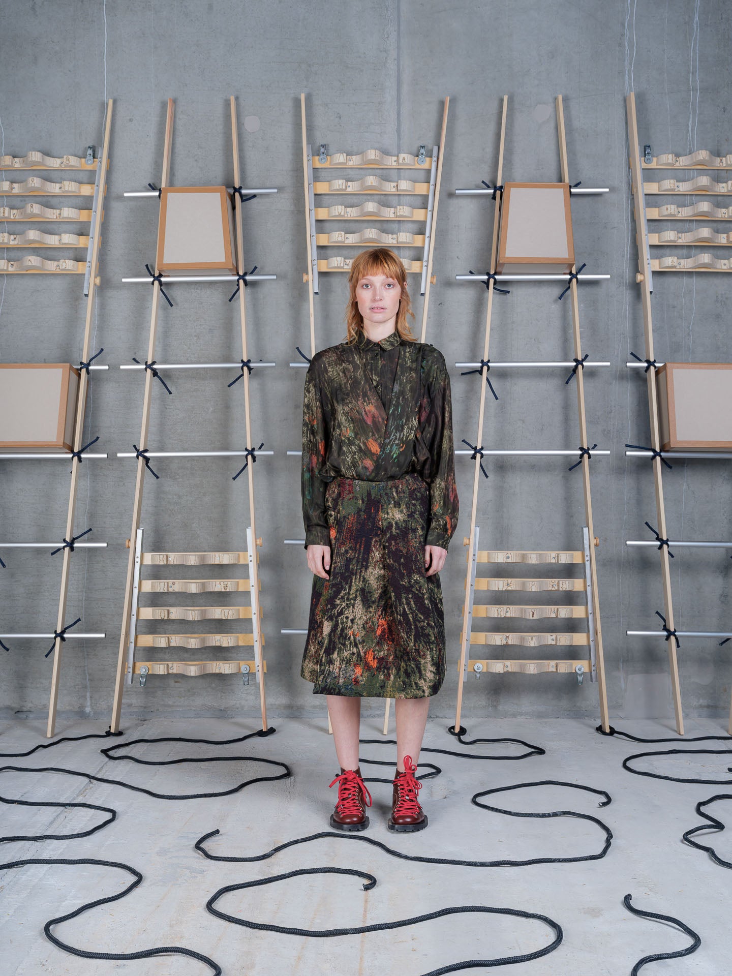 Model wearing the Henrik Vibskov Double Ki Shirt in Swamp Reflections print, front view