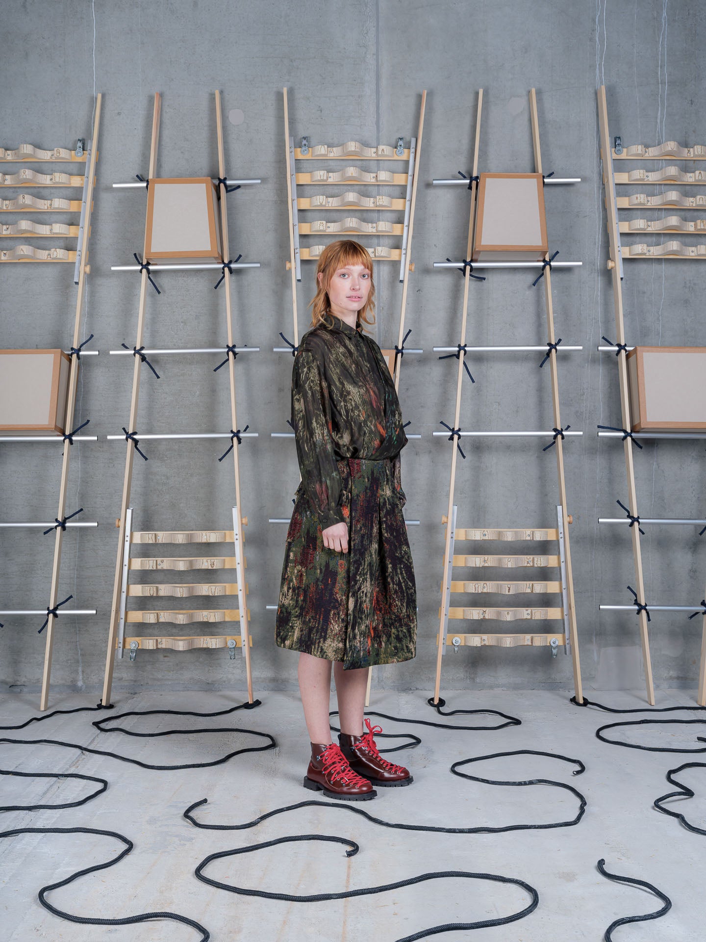 Model wearing the Henrik Vibskov Double Ki Shirt in Swamp Reflections print, side view