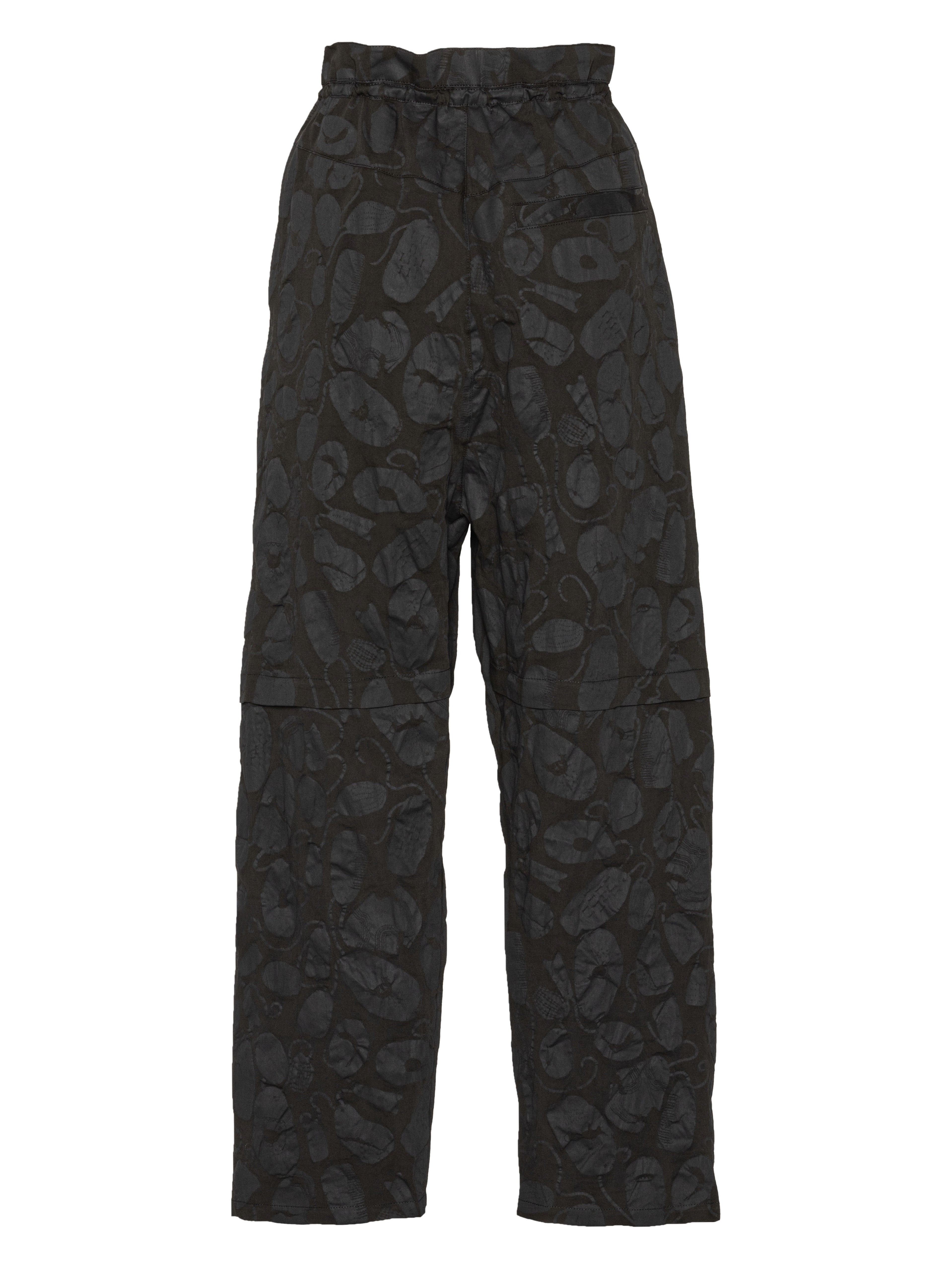 Back view of the Drawstring Pants in Black Amulets, showing the straight-leg silhouette and overall black amulets pattern.
