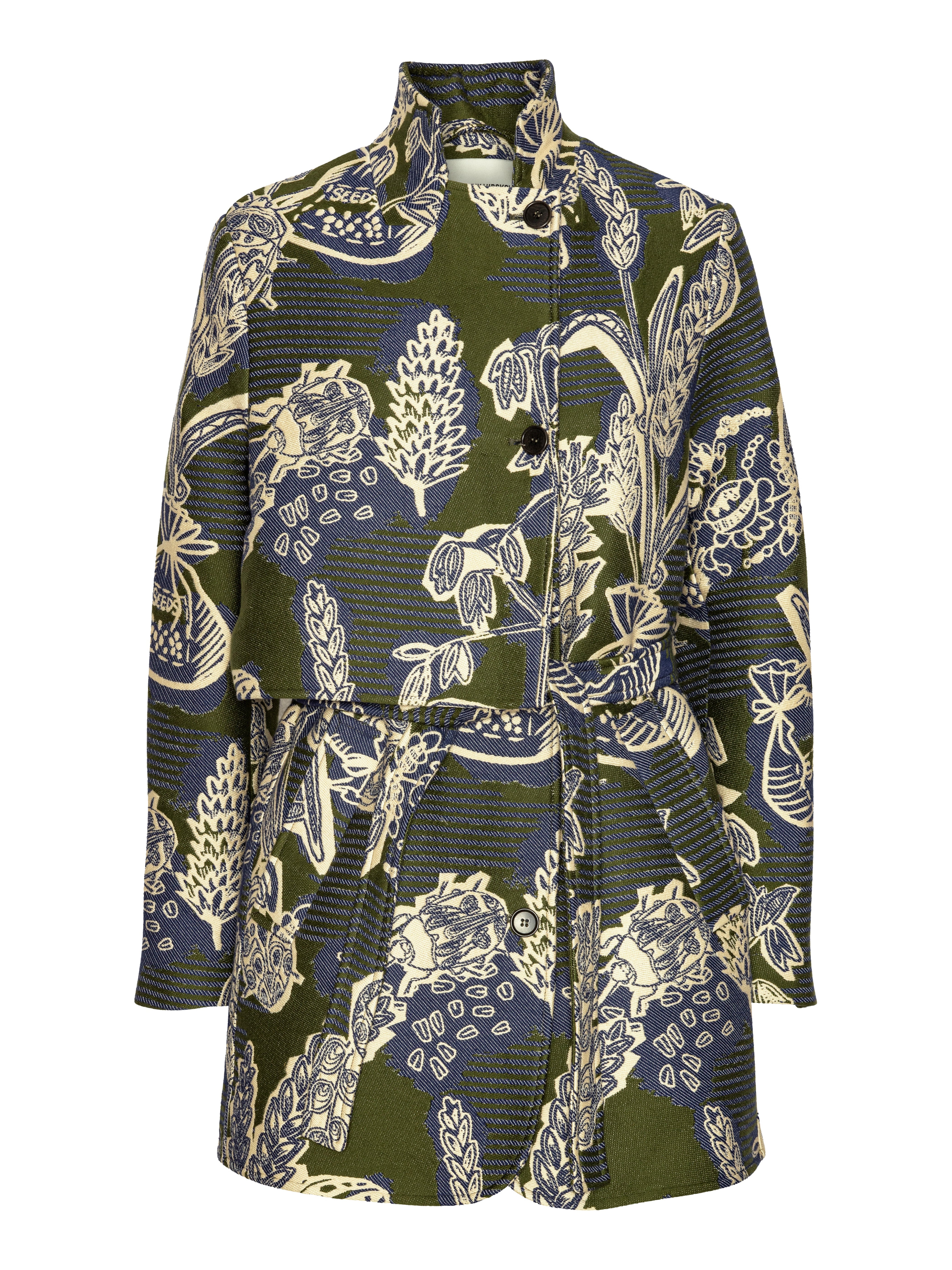 Front view of Henrik Vibskov Early Evening Coat in Garden of Eeden floral print in green, blue and white with high neck and front button closure.