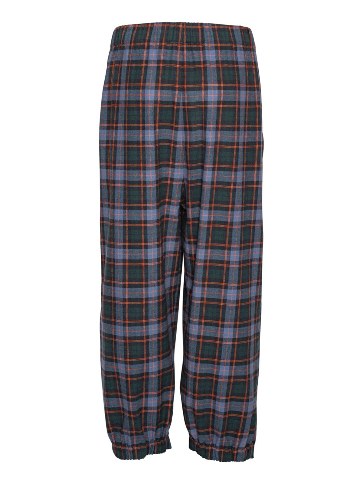 Henrik Vibskov Eclipse Pants Blue Flannel Checks, flat lay back, showing elasticated cuffed hem