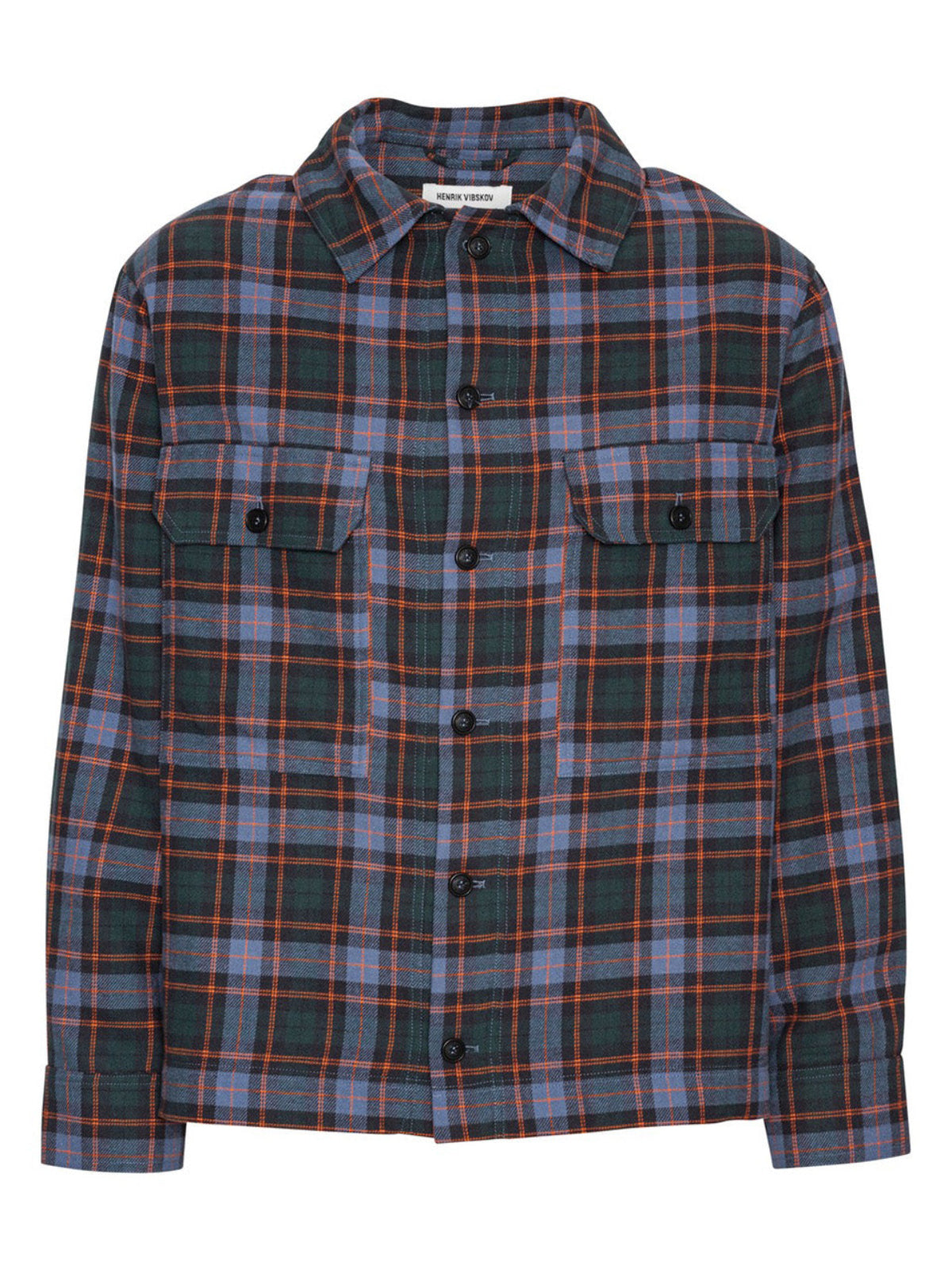 Henrik Vibskov Field Shirt Blue Flannel Checks, flat lay front, blue green and orange flannel check shirt with flap chest pockets