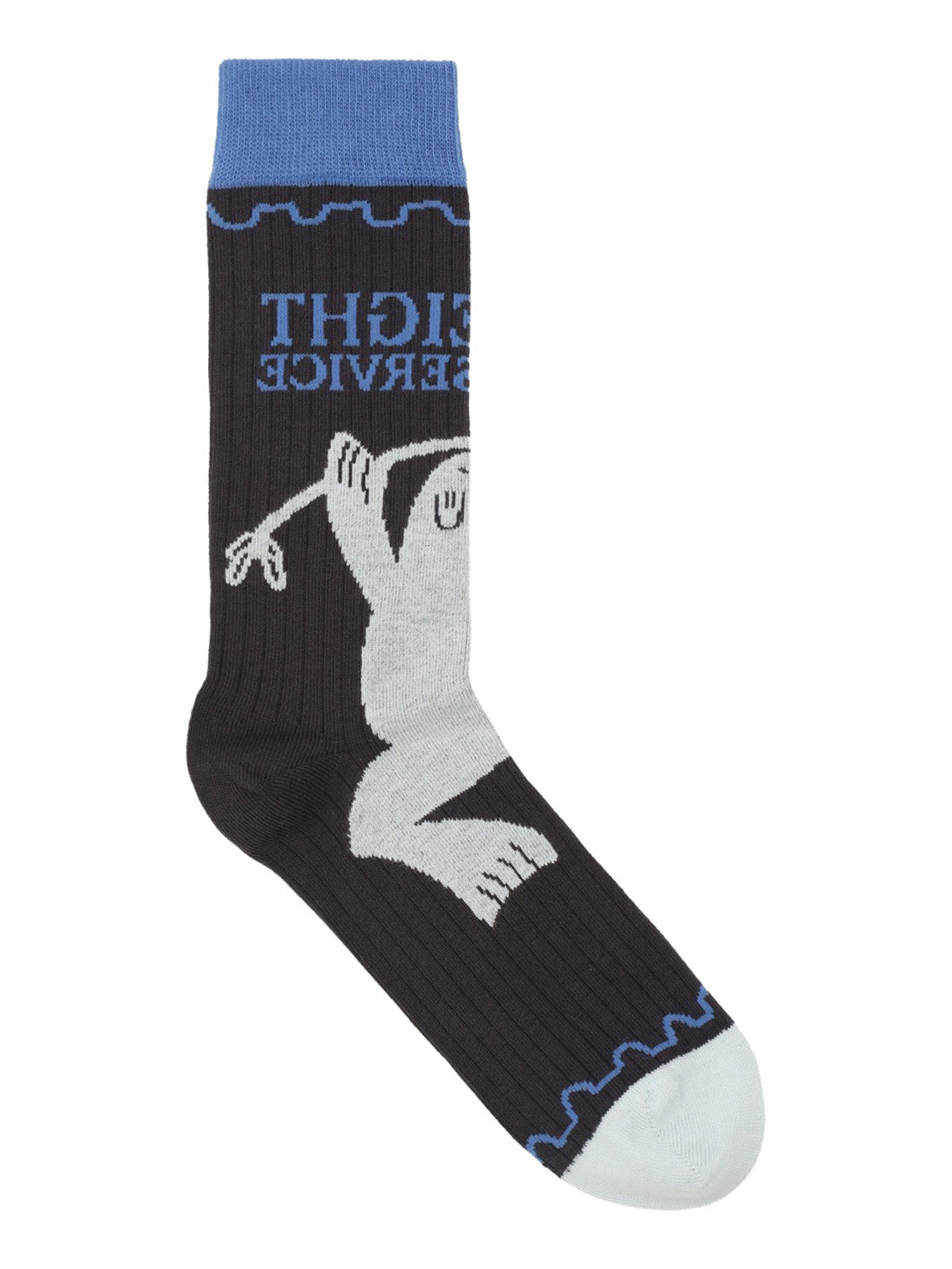 Henrik Vibskov Flyweight Sock Black Postal Grey, flat lay, charcoal sock with blue cuff, grey toe