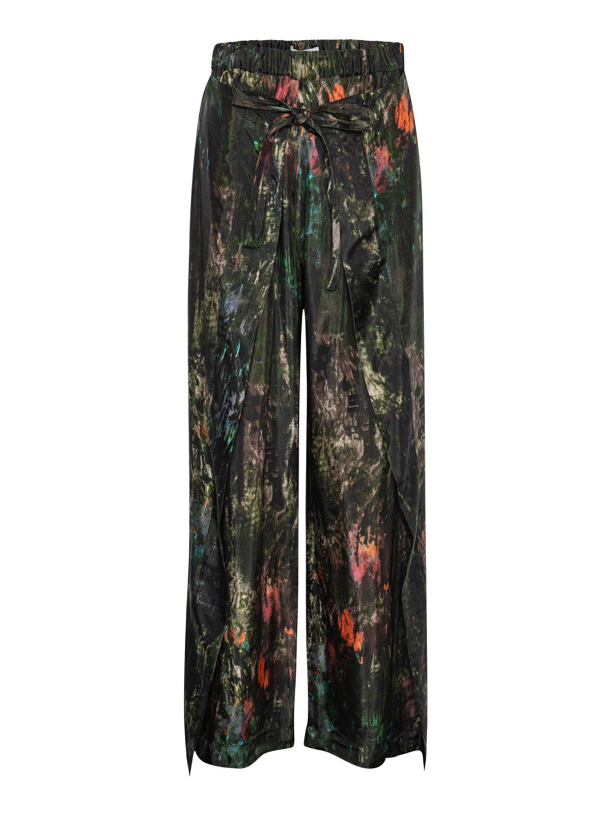Henrik Vibskov Fold Pants Swamp Reflections, flat lay front, abstract green and orange printed wide-leg trousers with self-tie waist