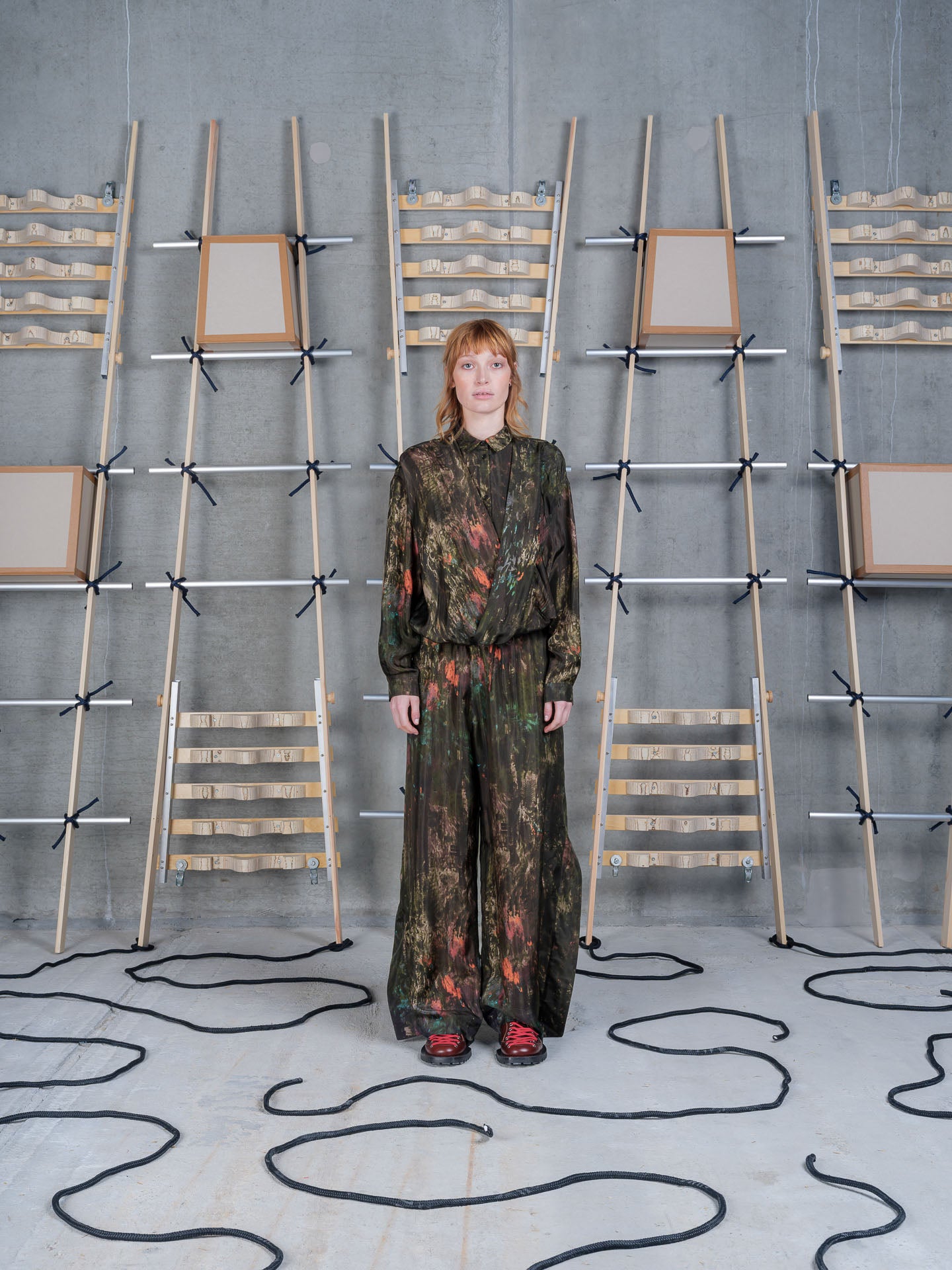 Henrik Vibskov Fold Pants Swamp Reflections, model front view, styled with matching printed top