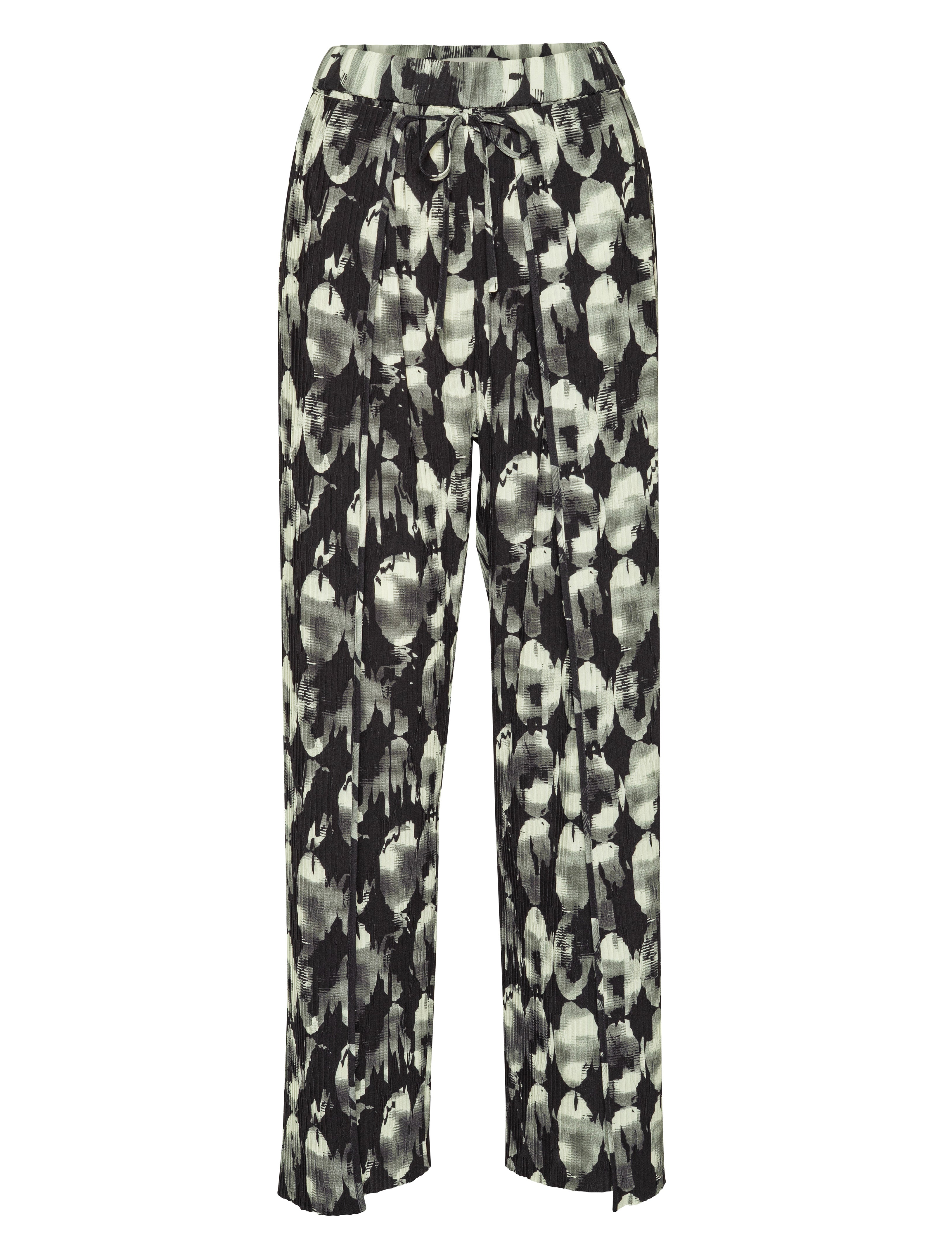 Front view of full plissé pants with a black, grey, and white abstract bursting-eggs pattern.