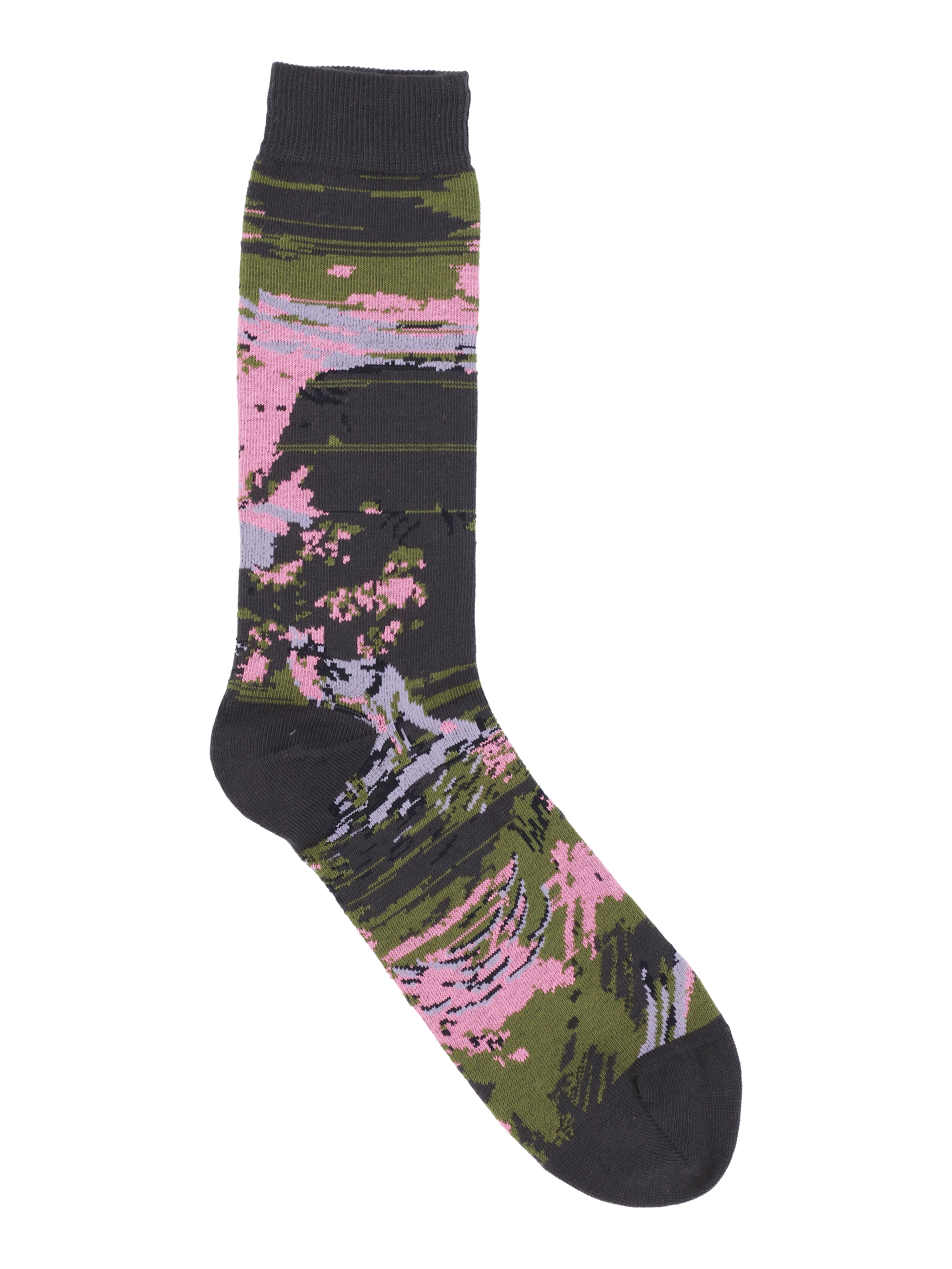 Packshot of the Foxy Socks in Black Foxy from Henrik Vibskov Spring/Summer 2026 Studio Collection, showing the black socks with green, pink, and purple fox-pattern details.