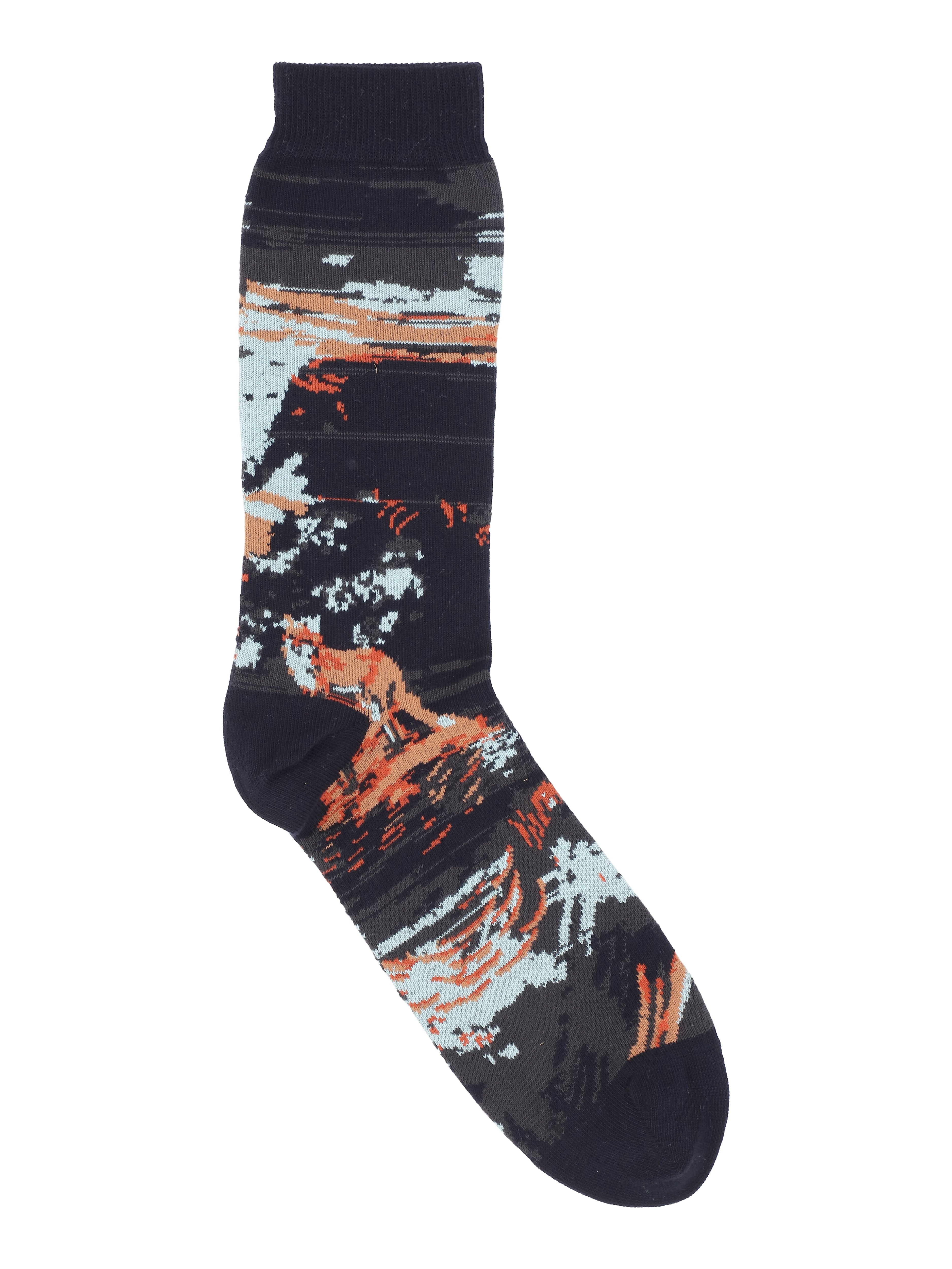 Packshot of the Foxy Socks in Navy Foxy from Henrik Vibskov Spring/Summer 2026 Studio Collection, showing the navy blue socks with a fox pattern.