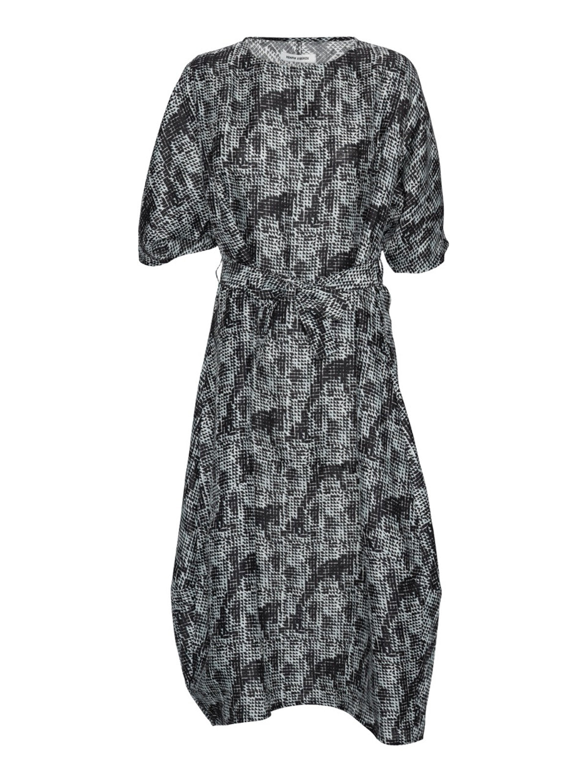 Henrik Vibskov Frown Silk Dress in Jumping Gents print, black and white graphic dress with tie belt, front flat lay