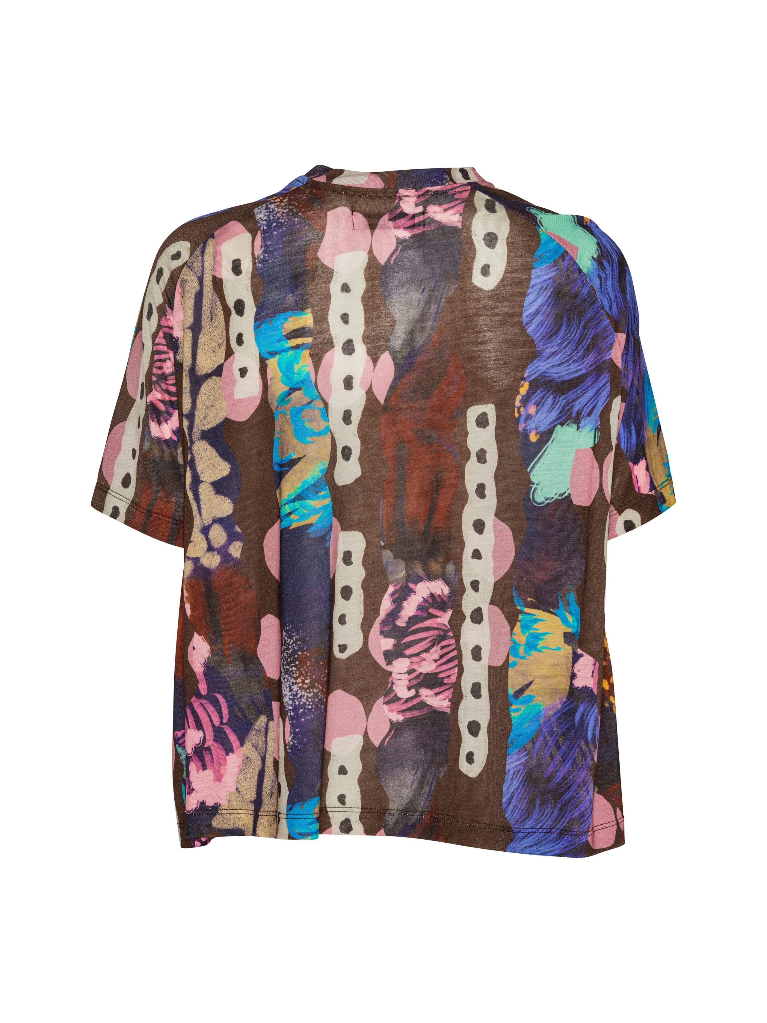 Henrik Vibskov Jersey Cover Tee in Polliwog Print, front view, relaxed silhouette, vibrant abstract Polliwog print, short sleeves, round neck, made in Portugal
