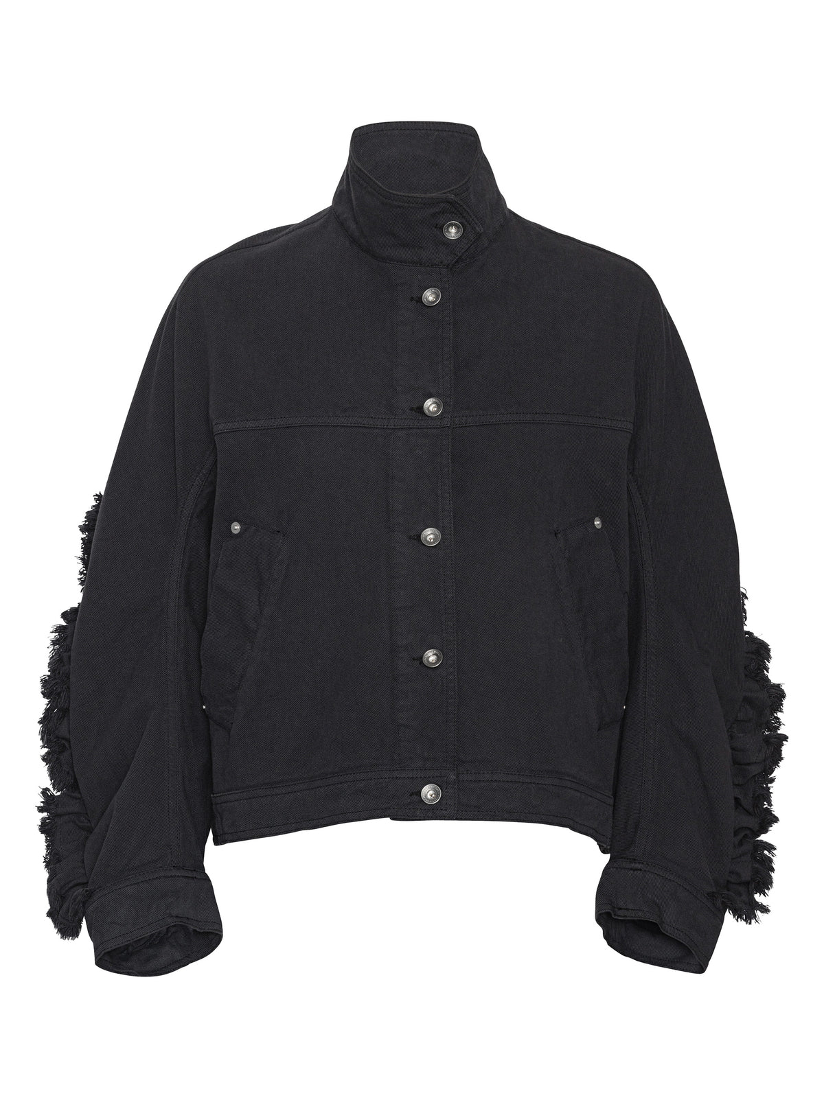 Henrik Vibskov Johnny Jacket in Black shown from the front with high collar, button fastening, side pockets and textured fringe sleeve details.