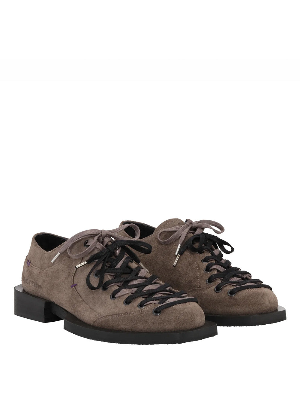 Packshot of the Kelly Shoes Suede in Taupe from Henrik Vibskov Spring/Summer 2026 Studio Collection, showing the taupe suede upper, black sole, and two-tone laces.