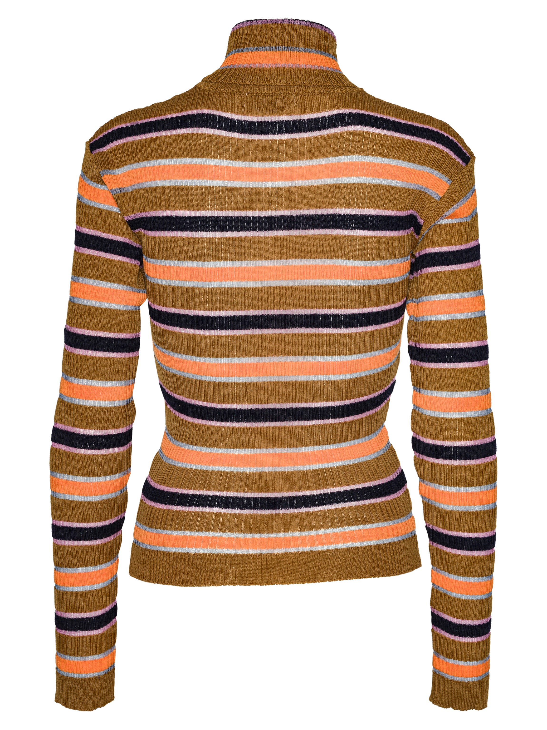 Striped sweater with brown, orange, and navy pattern on a white background