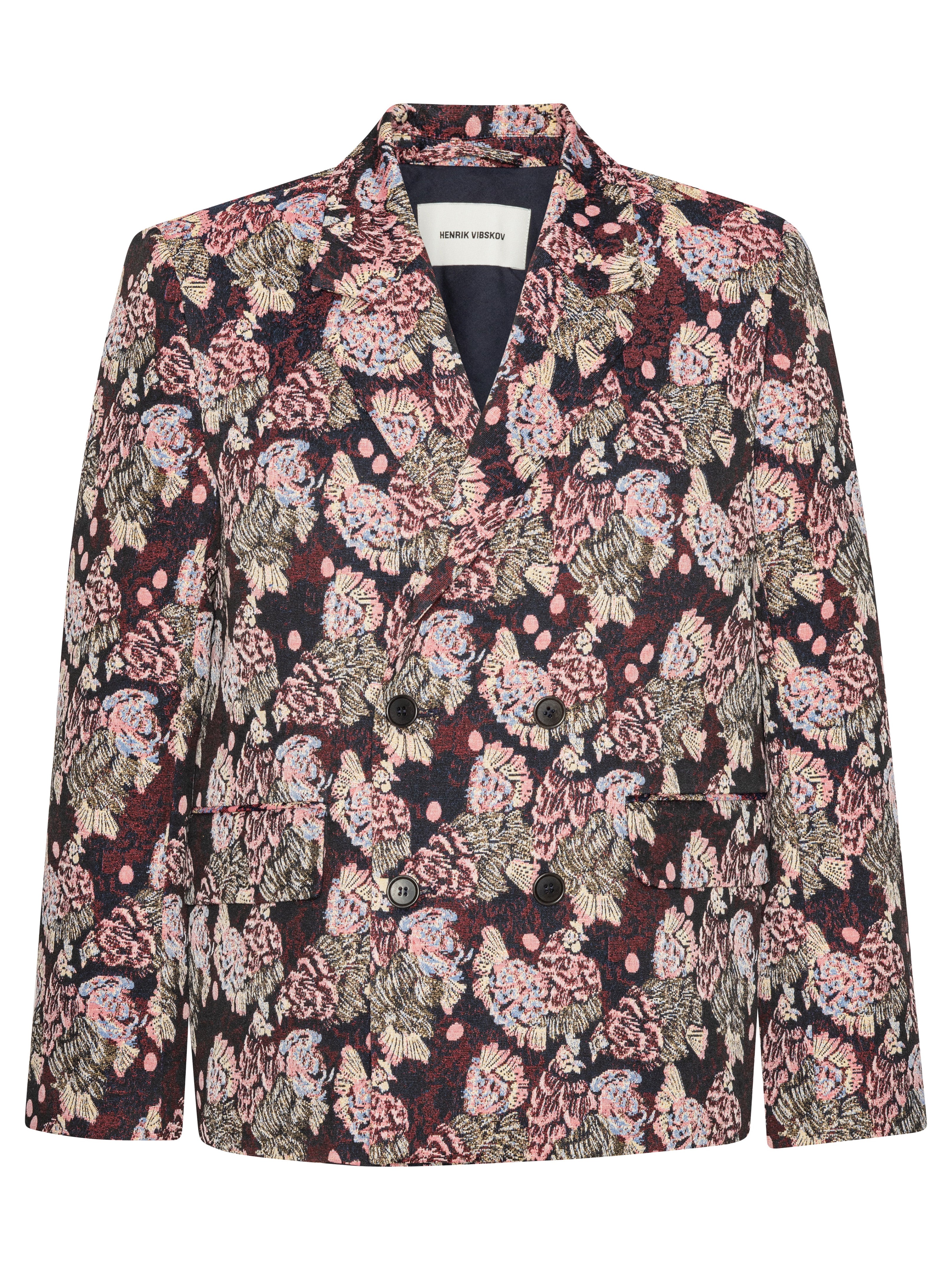 Front view of the Henrik Vibskov Motif Blazer in Navy Chickens, showing the navy fabric with pink and purple abstract chicken embroidery, double-breasted closure, long sleeves, two front flap pockets, and square fit.