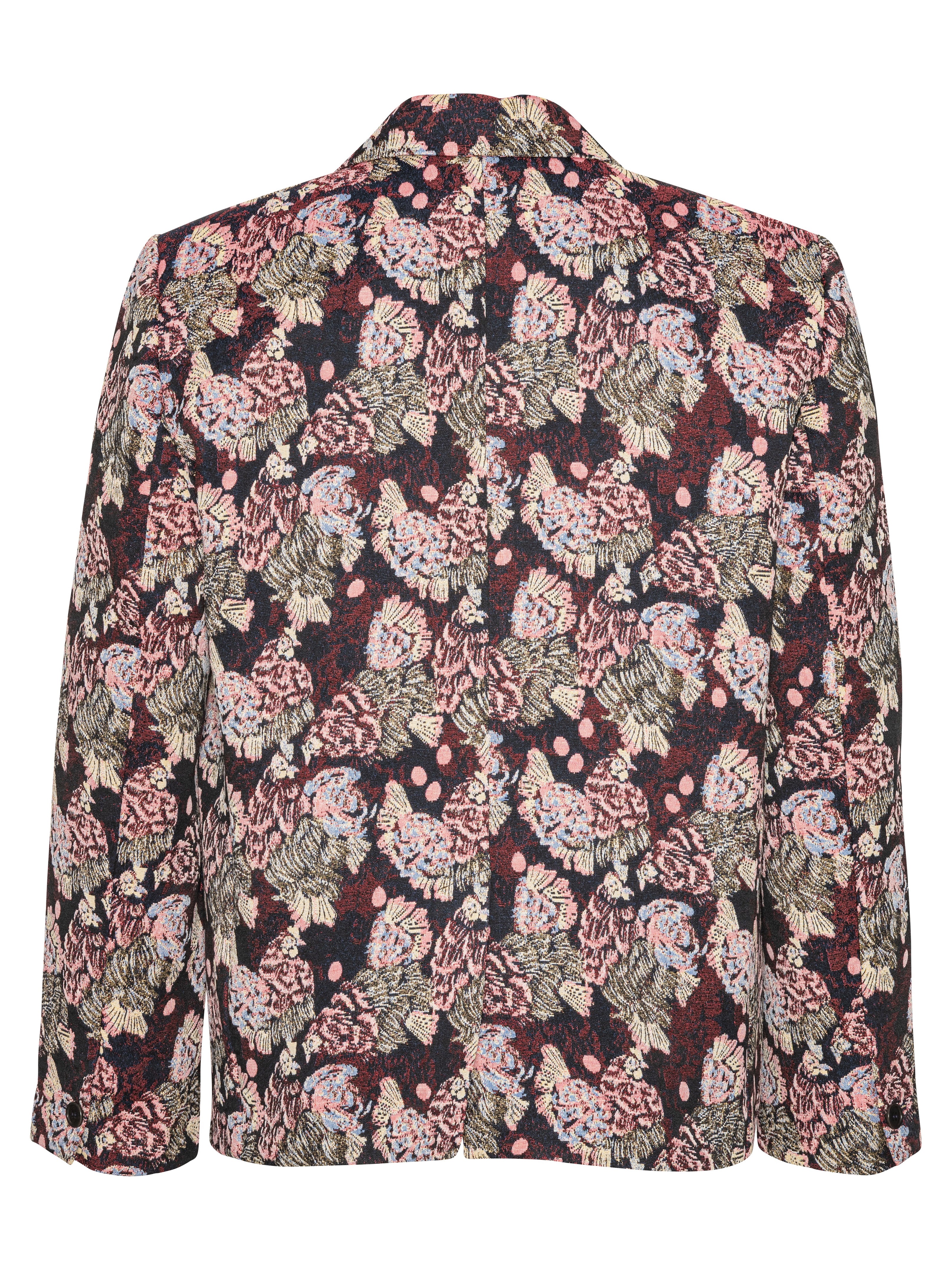 Back view of the Henrik Vibskov Motif Blazer in Navy Chickens, showing the navy fabric and placement of the embroidered chicken motifs across the back.