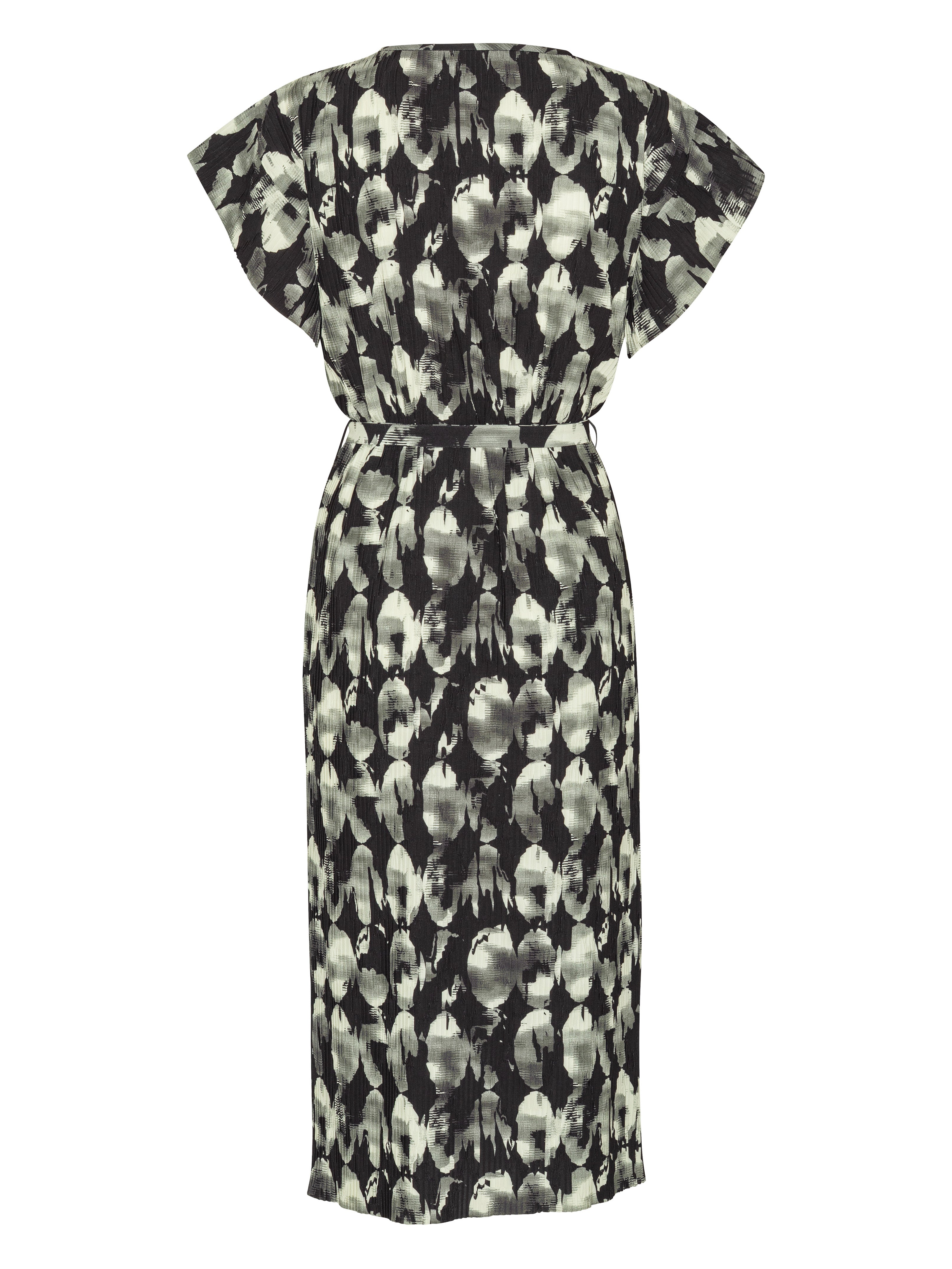 Back view of the Henrik Vibskov New Pina Plissé Dress in Bursting Eggs, showing the full plissé finish, straight hem, and monochrome abstract print.