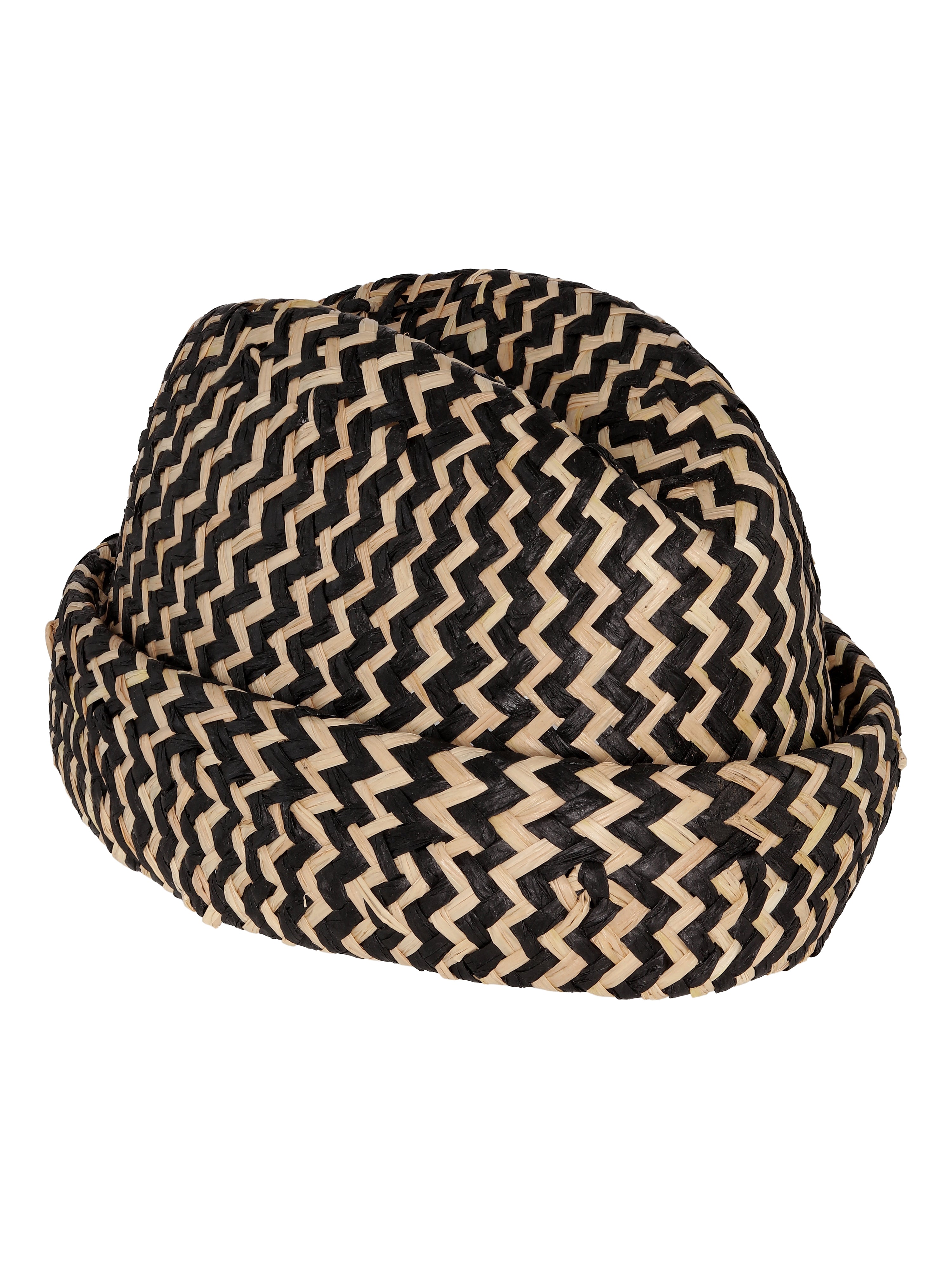 Newspaper Straw Hat in Black Natural Straw by Henrik Vibskov, woven straw hat with black and natural chevron weave pattern, voluminous gathered crown and rolled brim, sculptural silhouette, Spring/Summer 2026 Key Collection