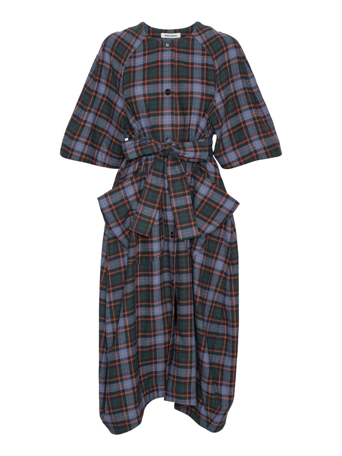 Henrik Vibskov One Dress in Blue Flannel Checks, plaid cotton dress with tie belt and front pocket, front flat lay