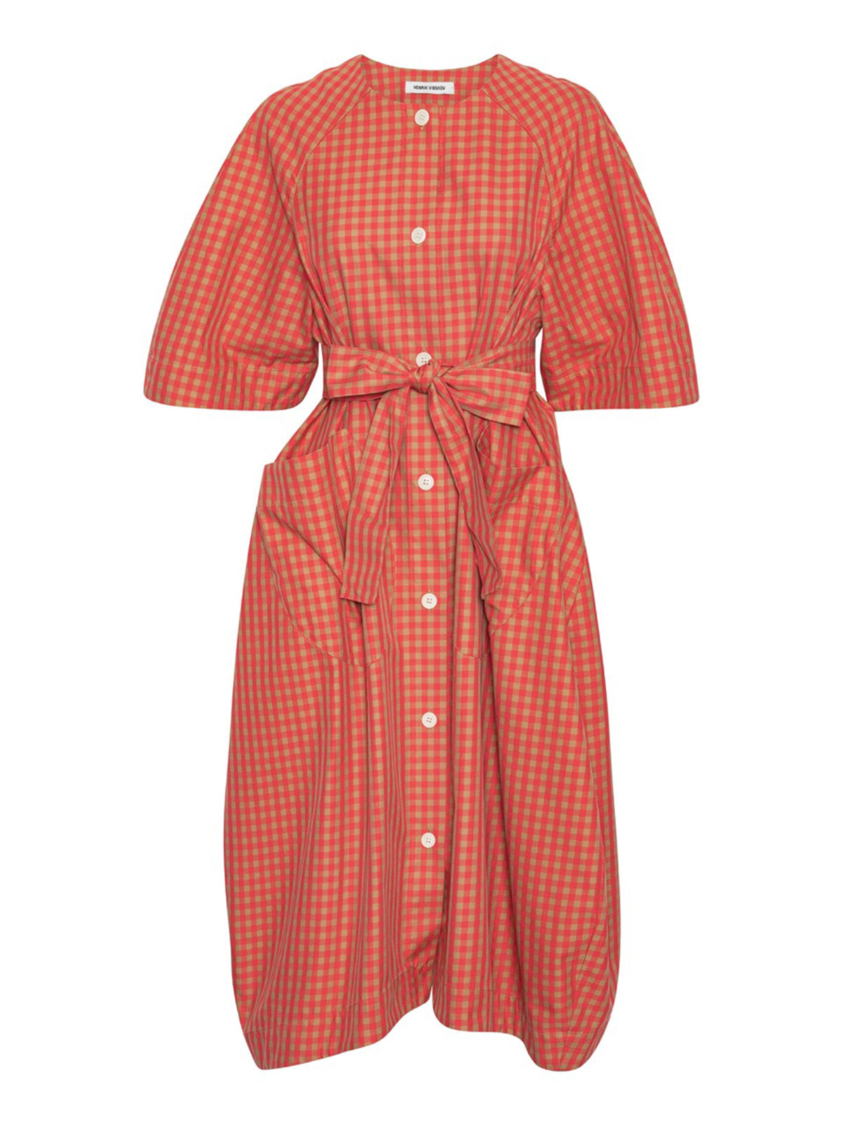 Henrik Vibskov One Dress in Red Beige Checks, gingham cotton dress with tie belt and front pocket, front flat lay