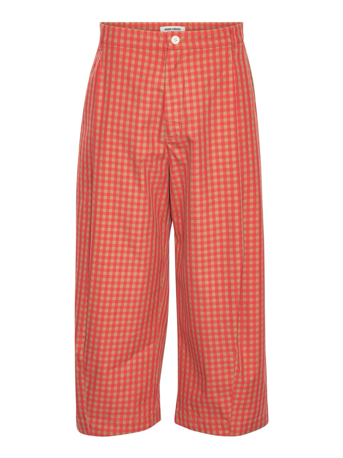 Henrik Vibskov Open Dart Pants in Red Beige Checks, gingham check organic cotton trousers, front view