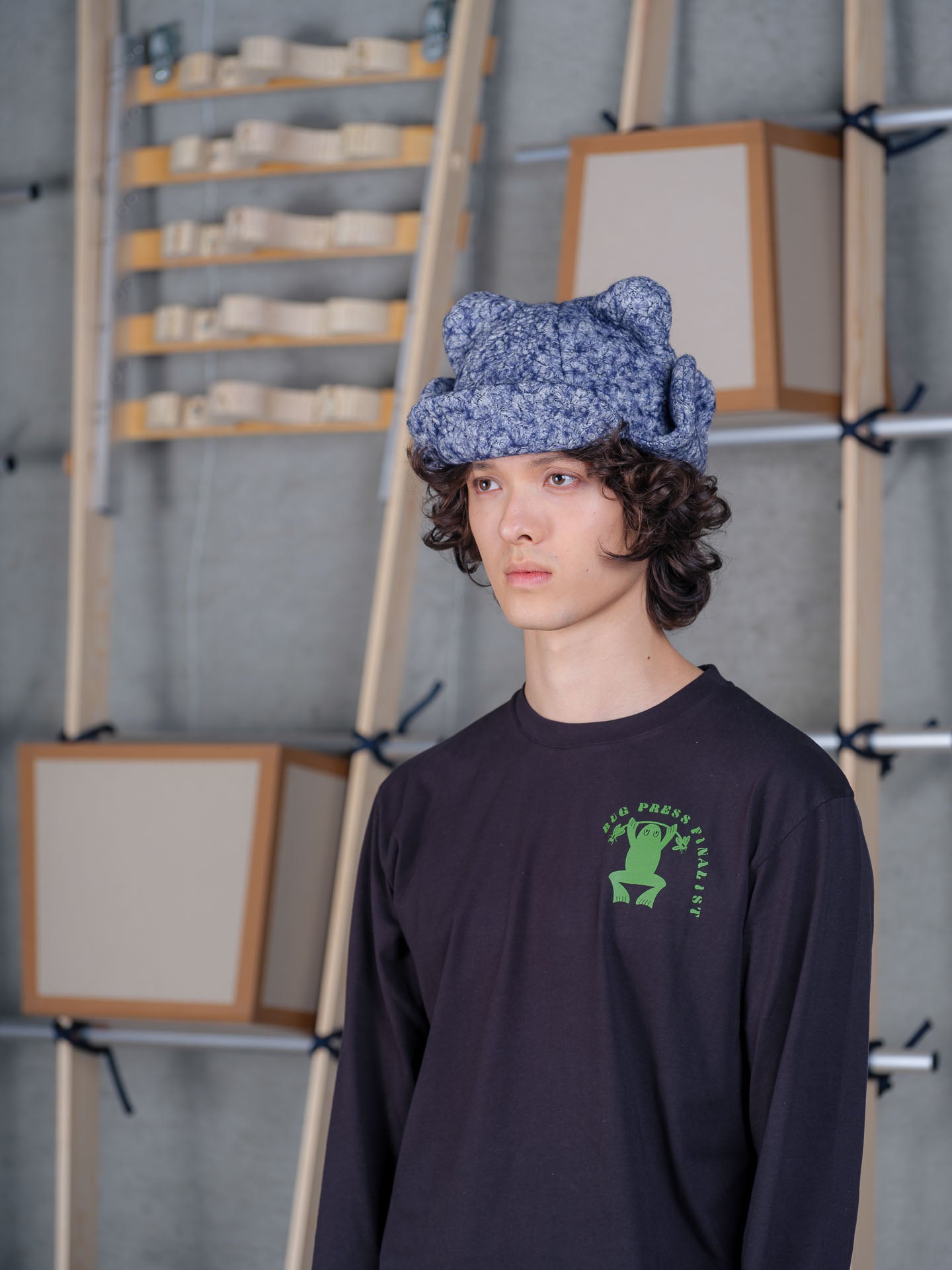 Henrik Vibskov Pilot Frog Hat in mottled blue-grey organic cotton with rounded panels and textured pebbled surface
