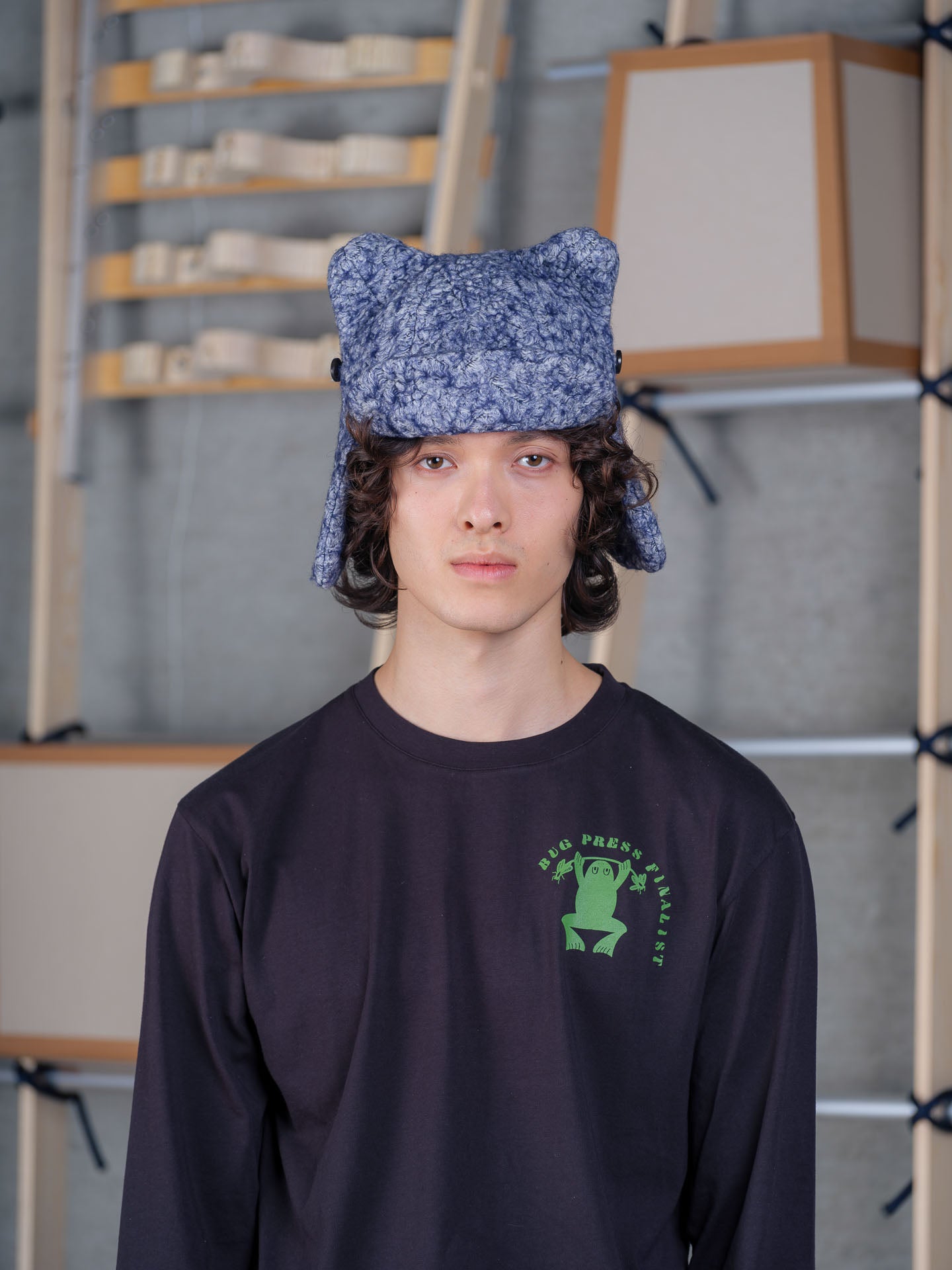 Henrik Vibskov textured blue-grey cotton hat with sculptural rounded crown, folded flaps and playful frog-inspired shape