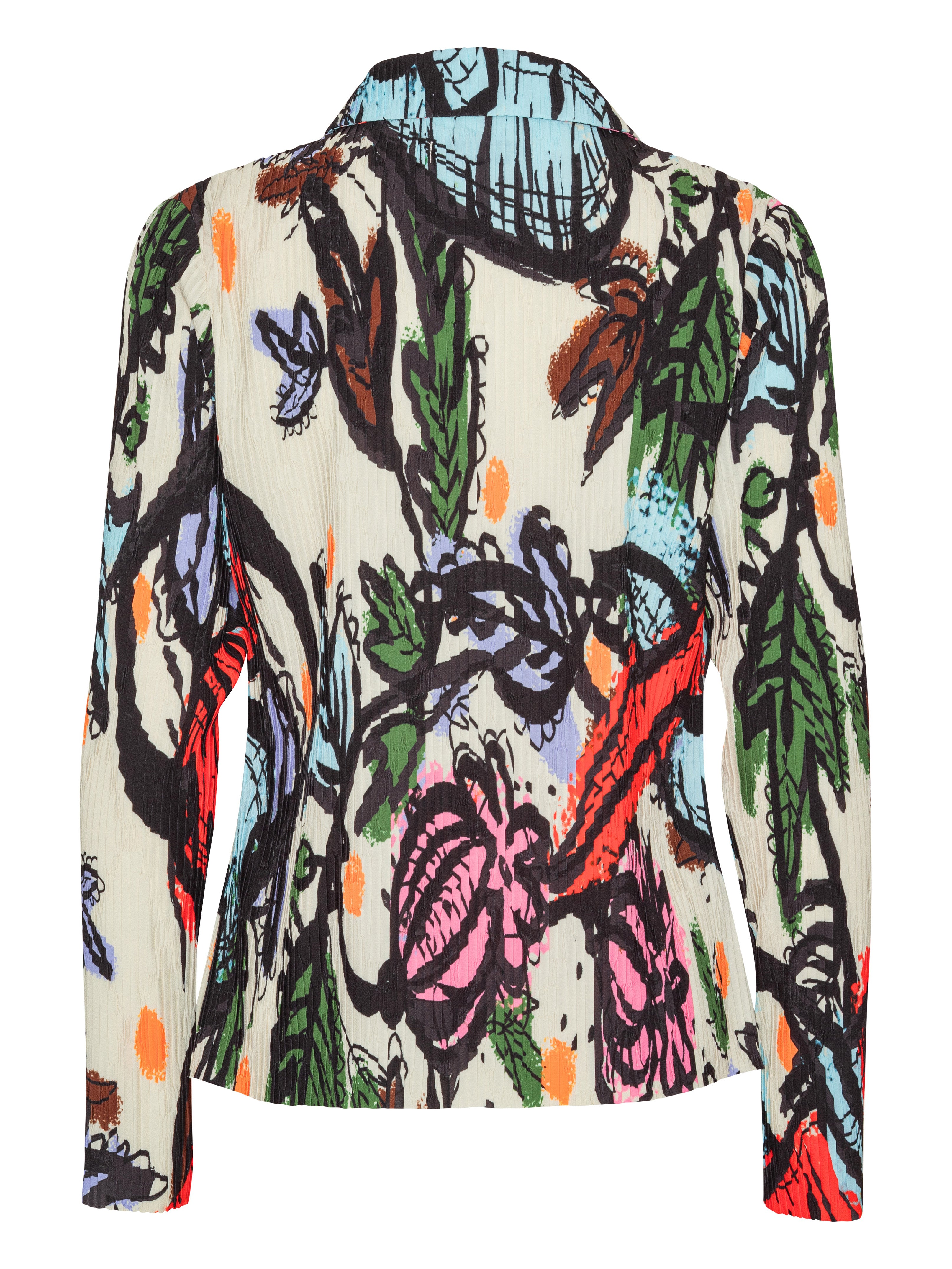 Back view of the Henrik Vibskov Plissé Blazer in Carrots, showing the full plissé finish, fitted design, and multicolour root-vegetable print.