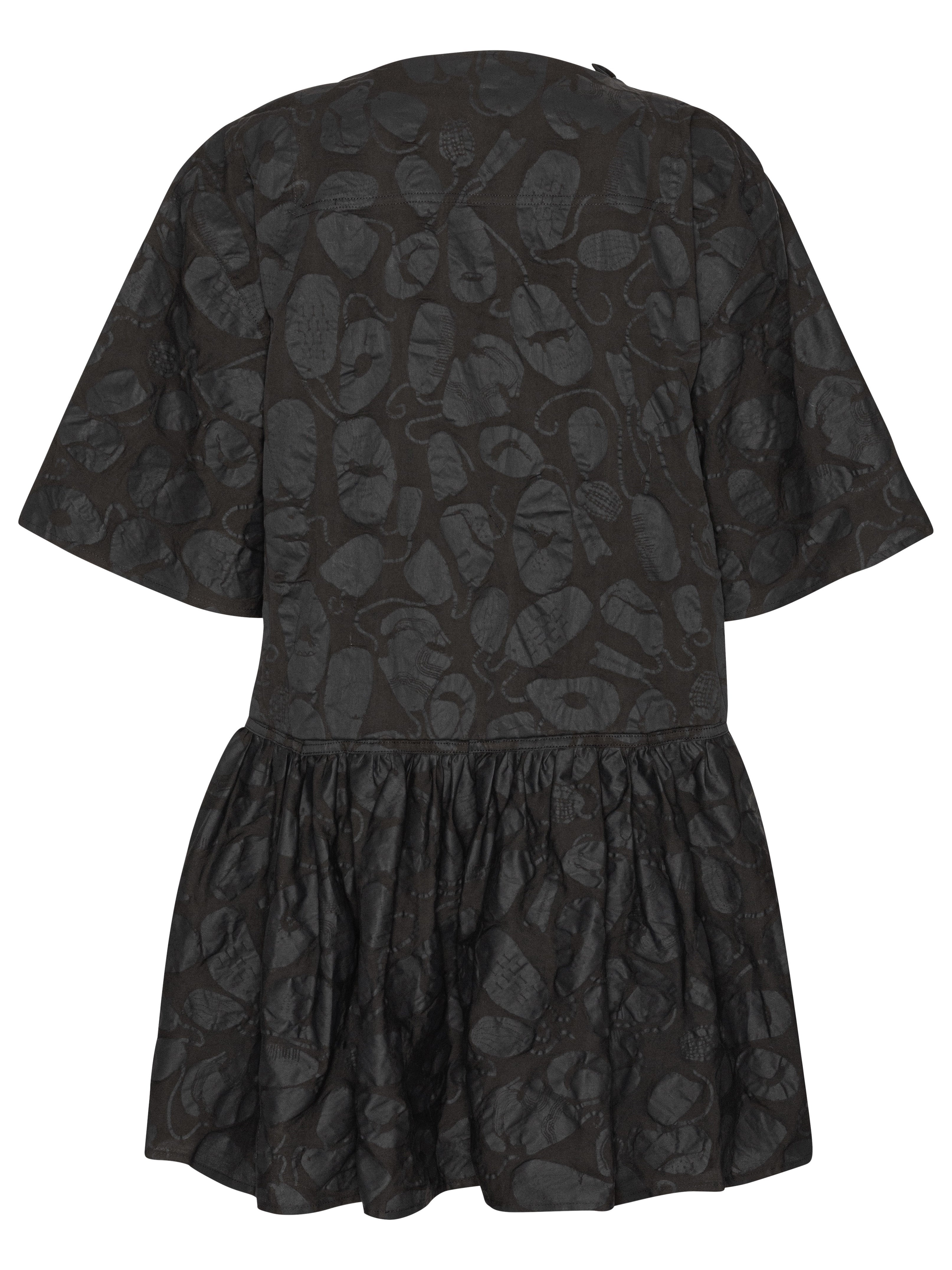 Back view of the Henrik Vibskov Preserve Blouse in Black Amulets, showing the oversized silhouette, short sleeves, and wide, knee-length skirt.