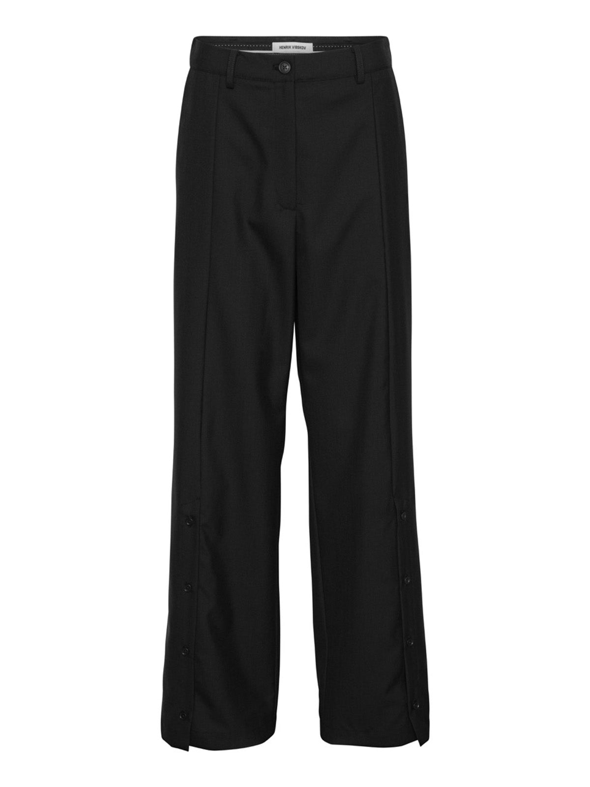 Henrik Vibskov Ravioli Slit Pants in black, wool trousers with snap-button side seam, front flat lay