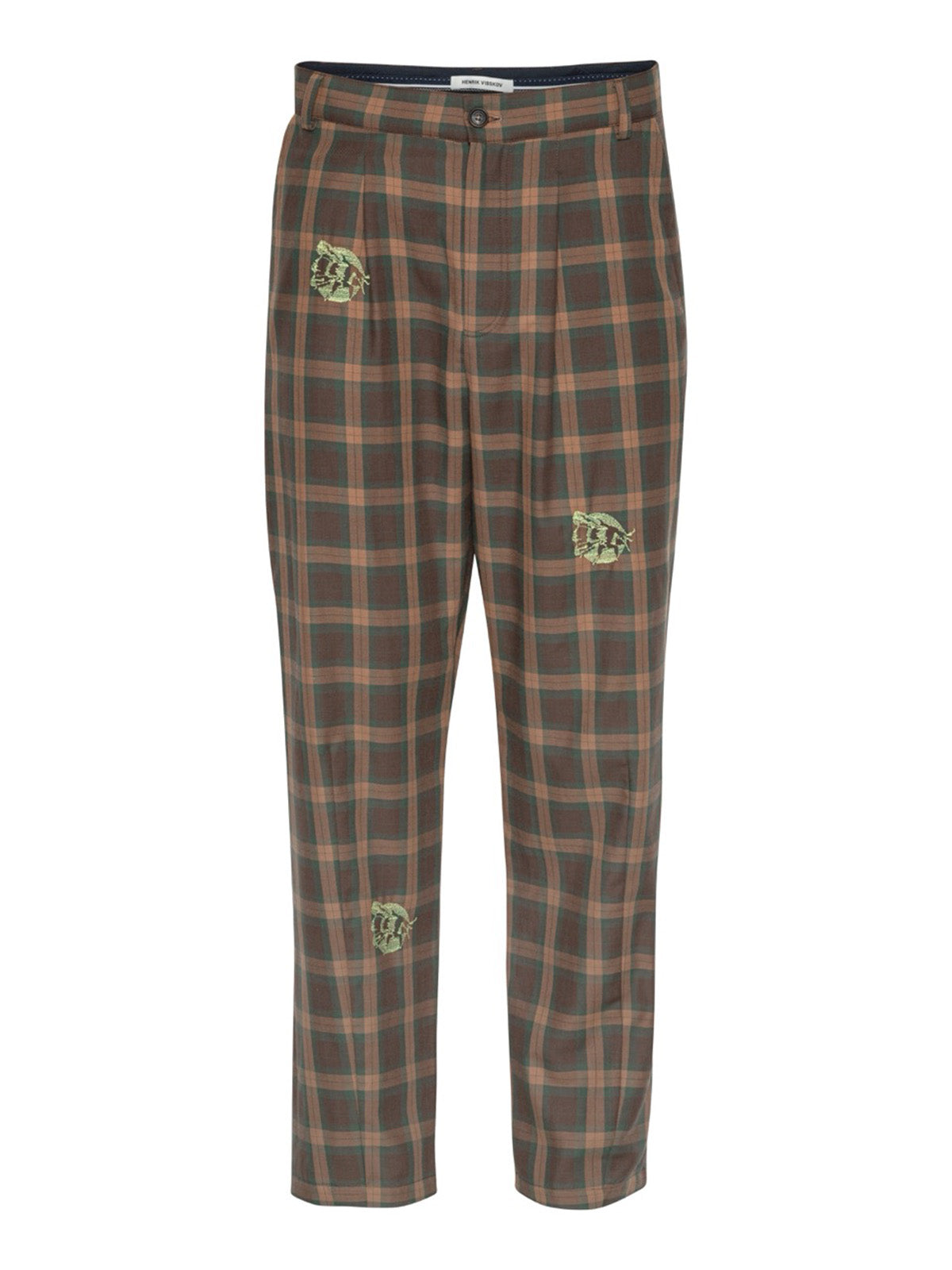 Henrik Vibskov Razor Pants Brown Cotton Checks, flat lay front, brown green and orange check trousers with embroidered motif