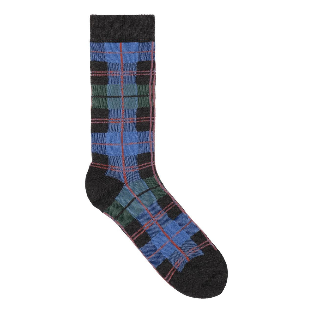 Henrik Vibskov Ribbit Knee Sock in green blue dashed checks with knee-high length, striped ribbed cuff and contrast heel and toe