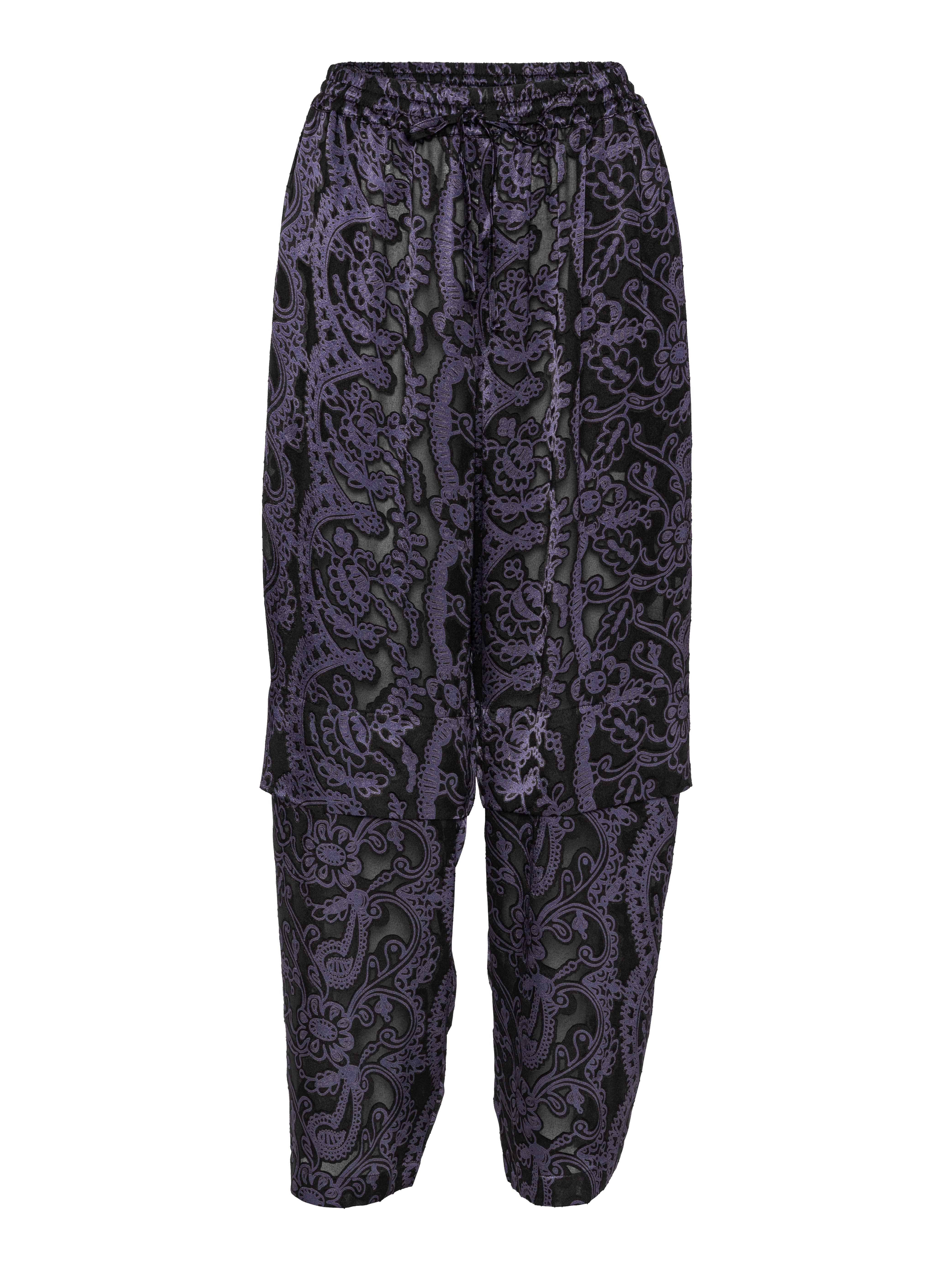Front view of Henrik Vibskov Shants Pants in dark purple Victorian Burnout fabric with semi-transparent finish and straight layered legs.