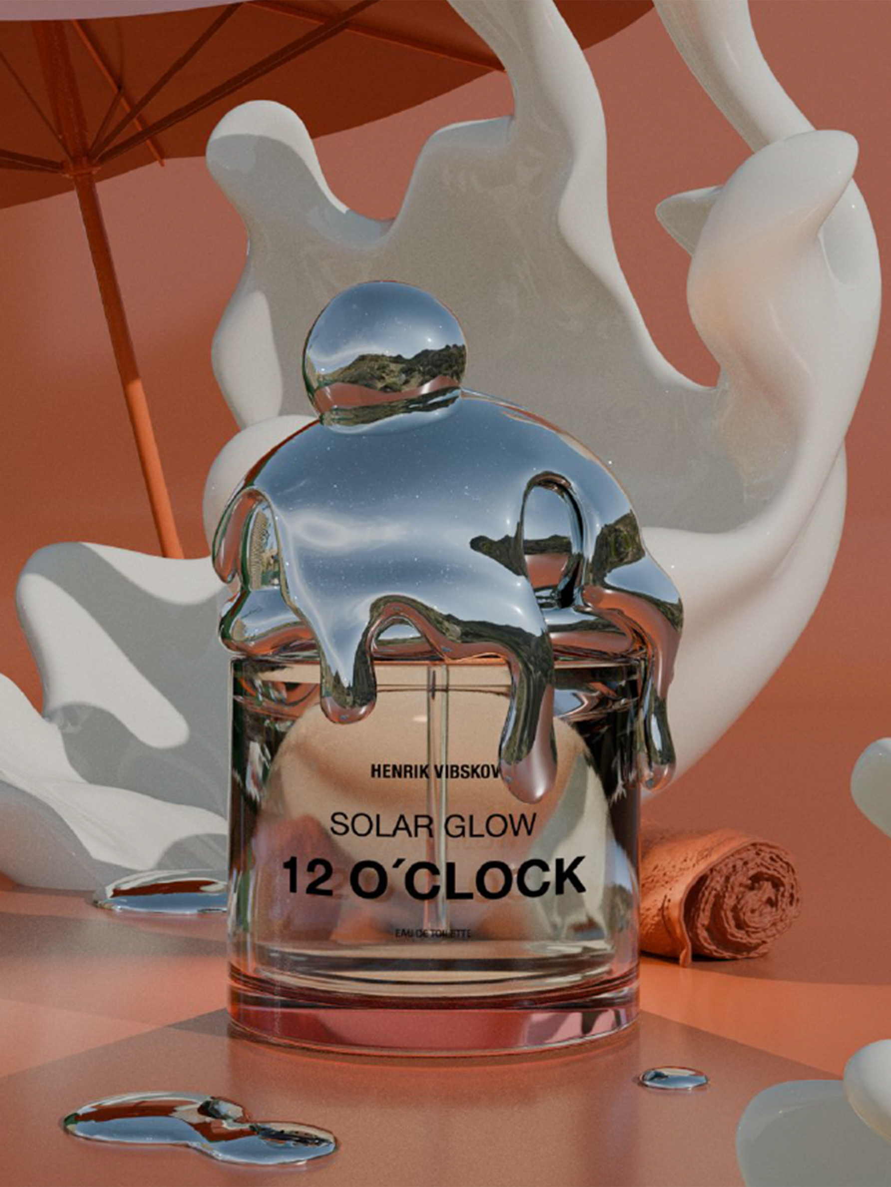 Perfume bottle labeled 'Solar Glow 12 O'Clock' with a silver cap on an abstract background.