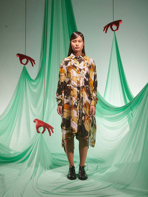 Square Silk Dress in Beige Analogue Gloves from Henrik Vibskov