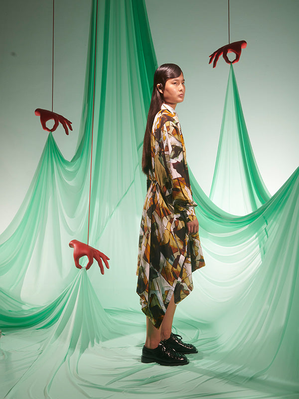 Square Silk Dress in Beige Analogue Gloves from Henrik Vibskov