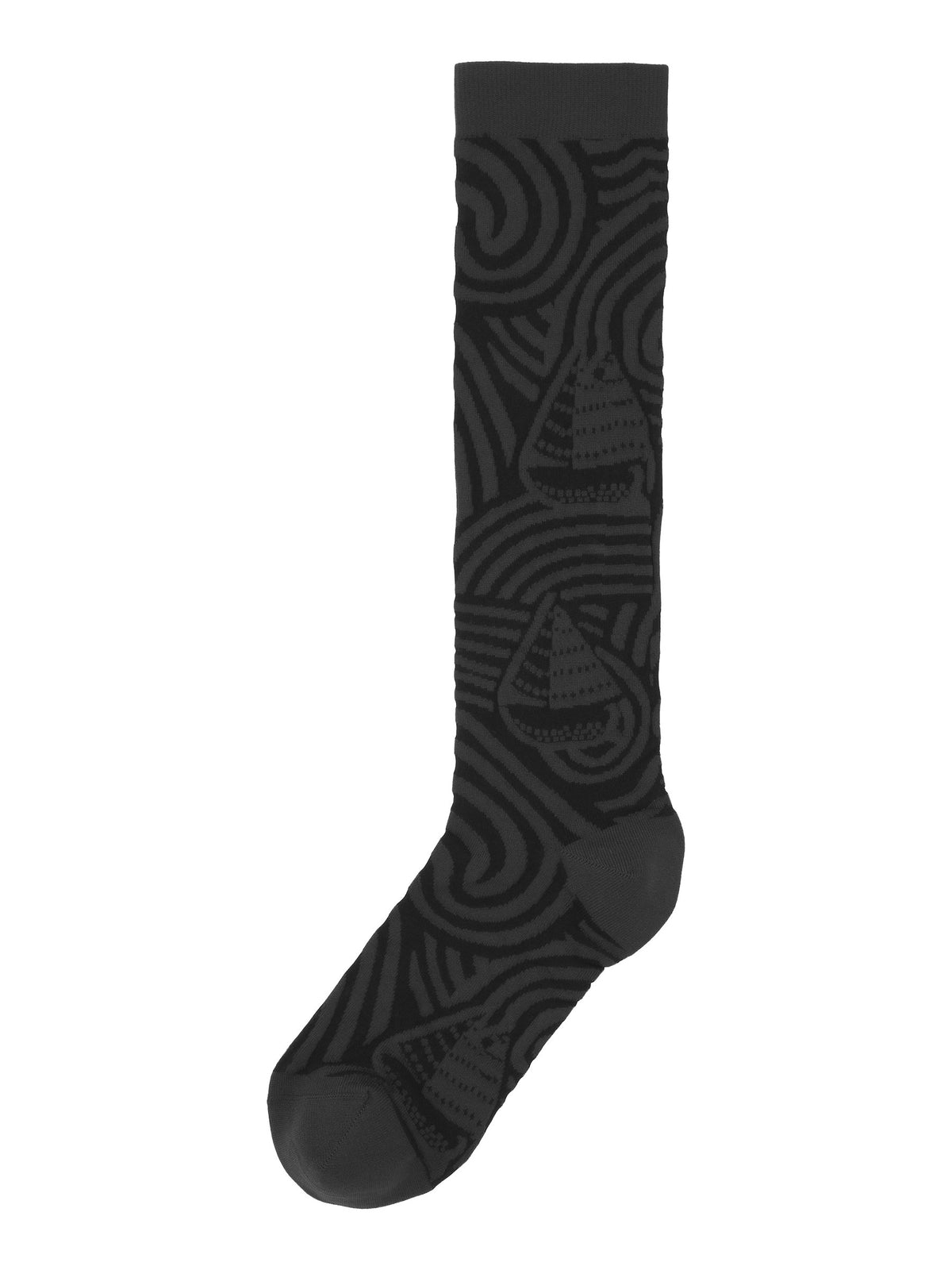 Henrik Vibskov Stormy Sea Socks in Black Stormy Sea shown flat, featuring a tonal wave pattern, sailboat motifs and reinforced toe and heel.