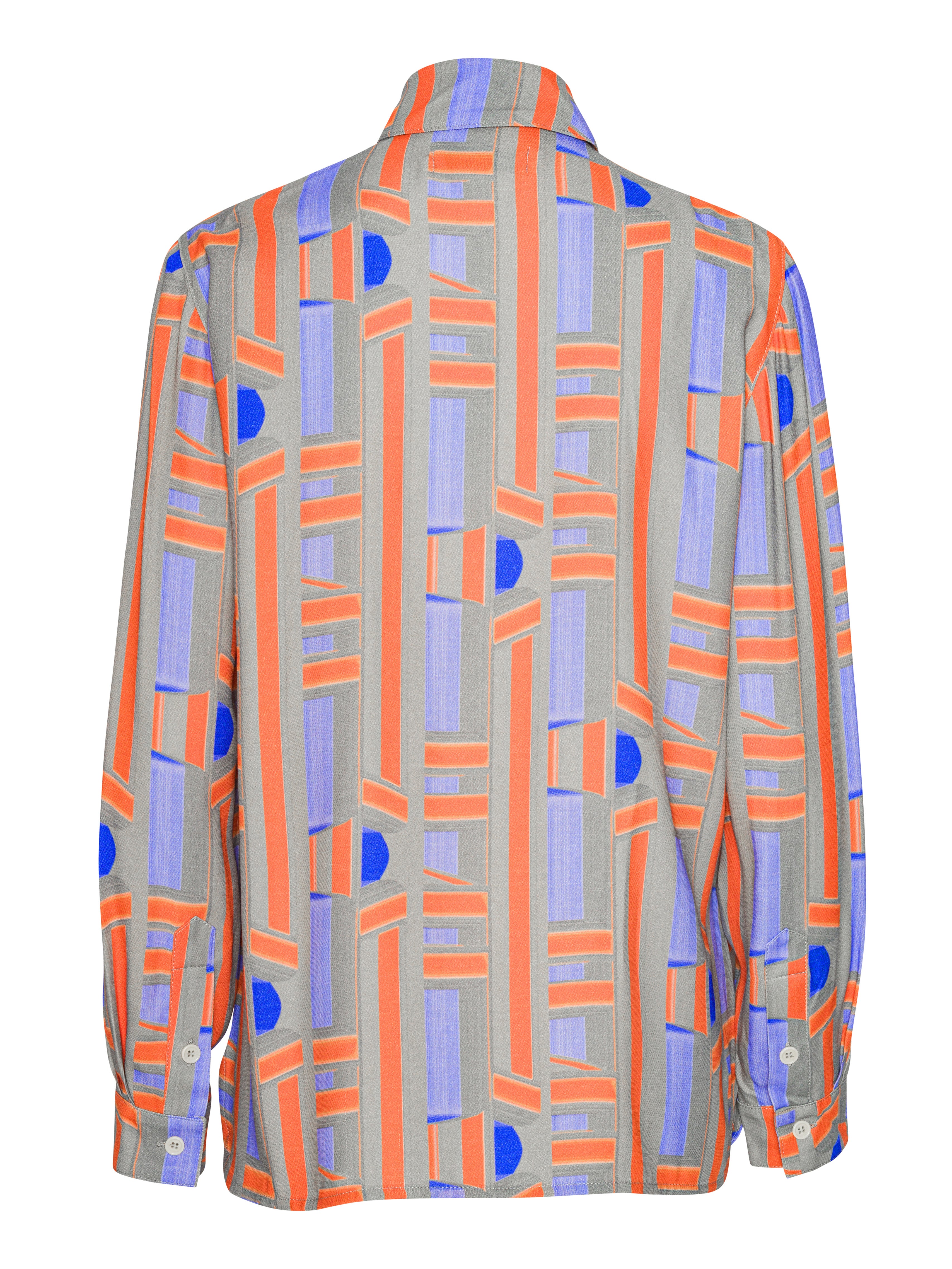Colorful geometric patterned shirt from Henrik Vibskov on a white background