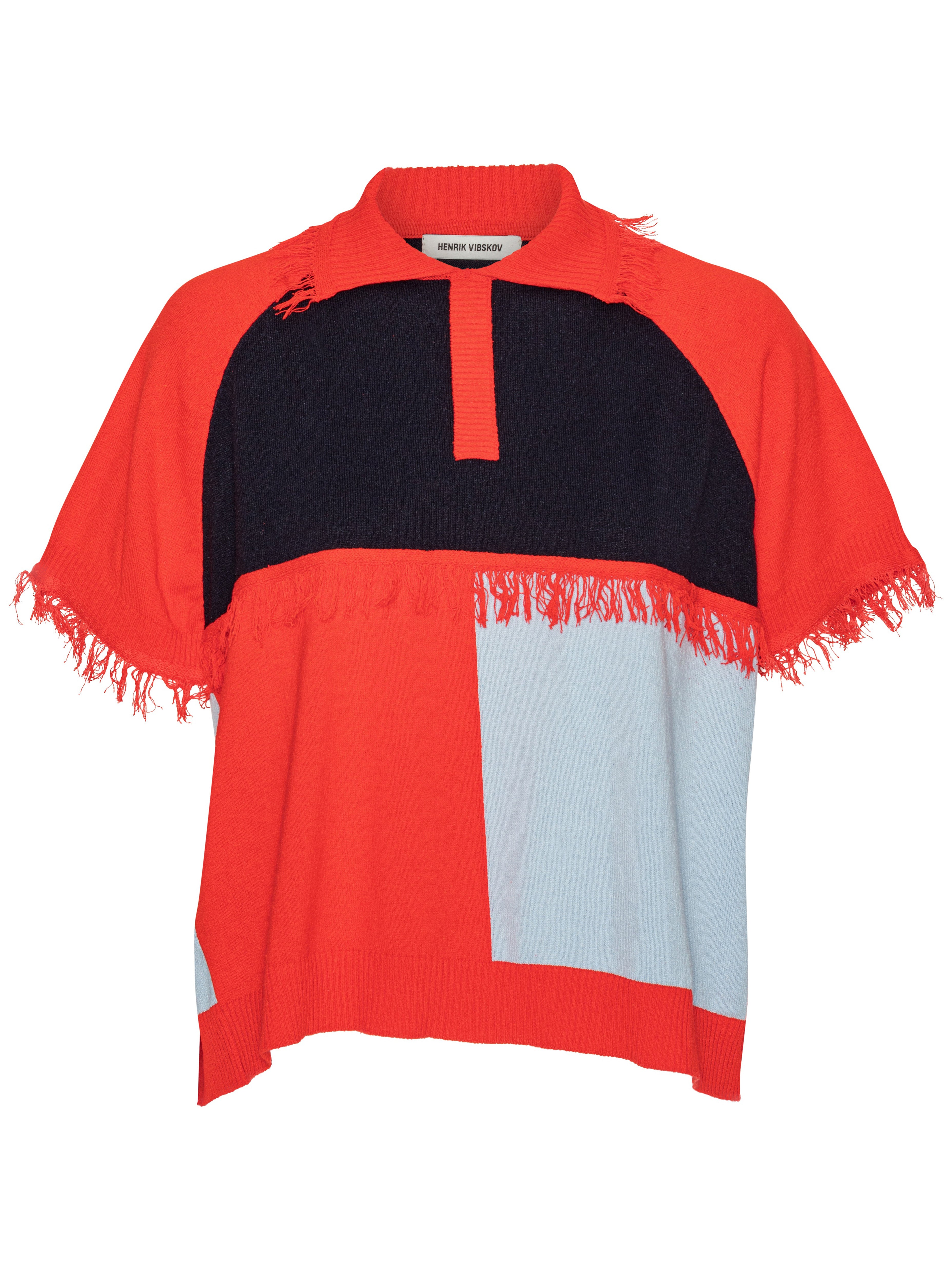 Color-blocked short sleeve sweater with red, black, and light blue sections on a white background