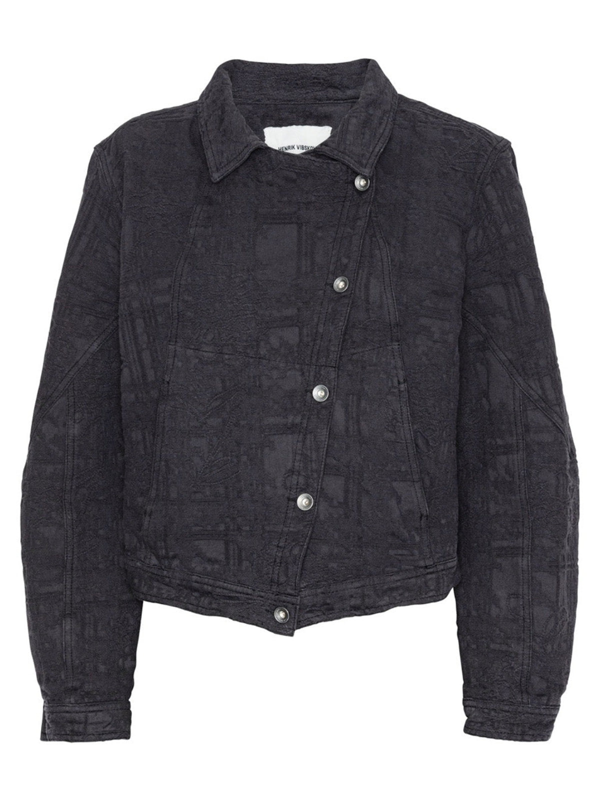 Henrik Vibskov Toadally Jacket in black, crinkled cotton jacket with asymmetric button placket, front flat lay