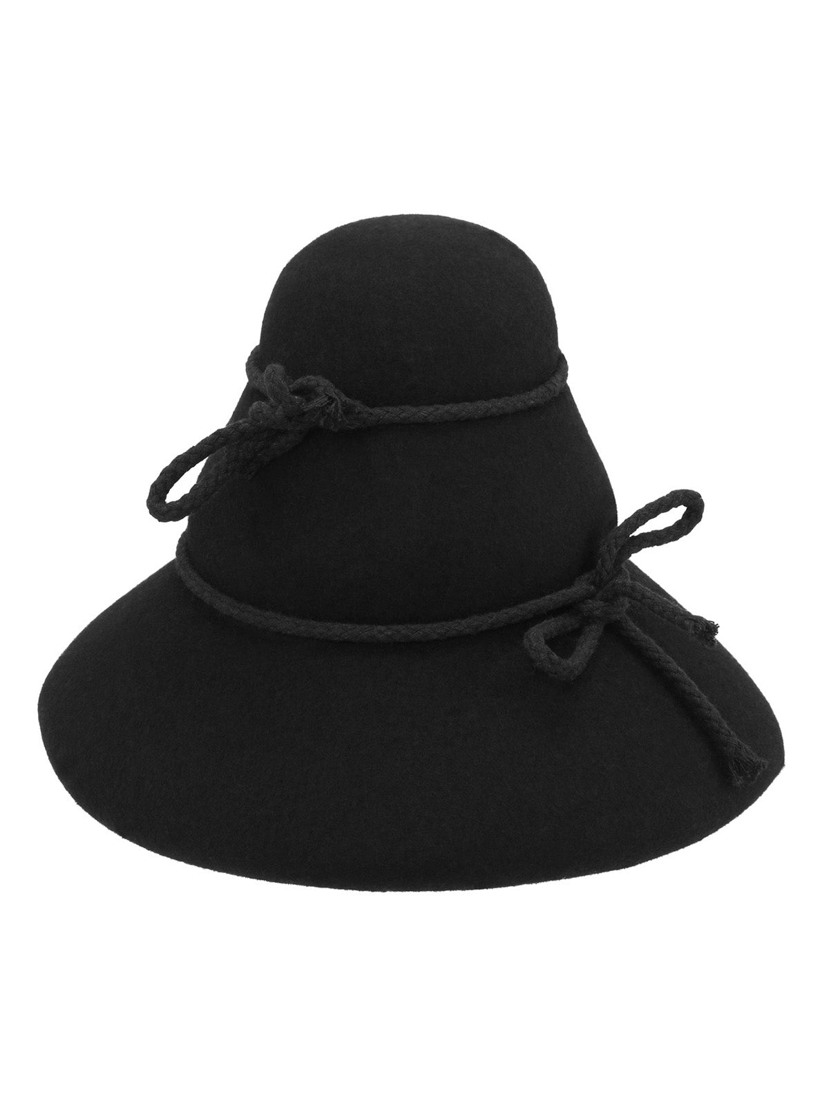Henrik Vibskov Tower Hat in black wool felt with rope tie detail, front view on white background